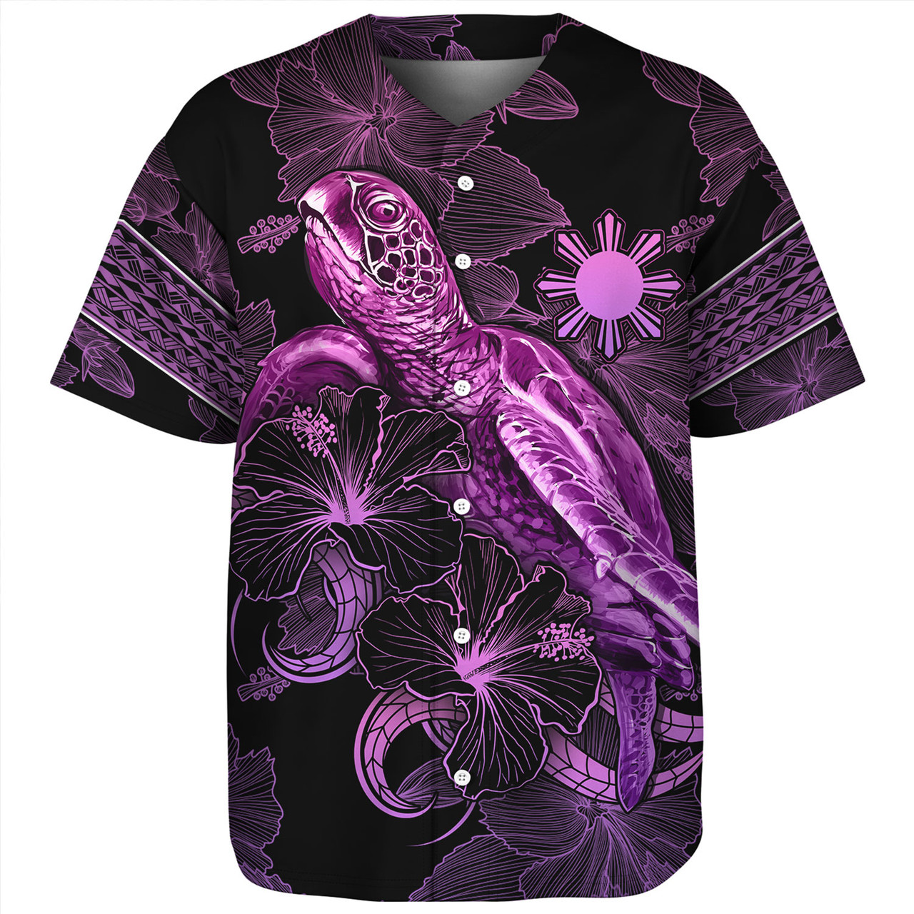 Philippines Filipinos Baseball Shirt Sea Turtle With Blooming Hibiscus Flowers Tribal Purple