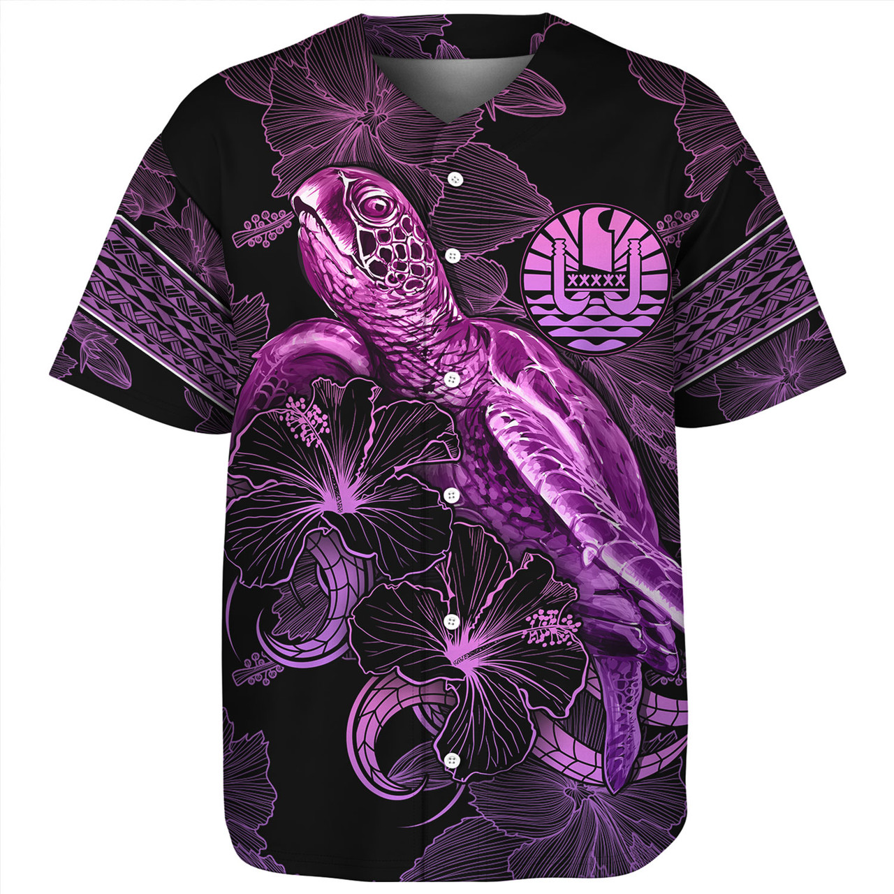 Tahiti Baseball Shirt Sea Turtle With Blooming Hibiscus Flowers Tribal Purple