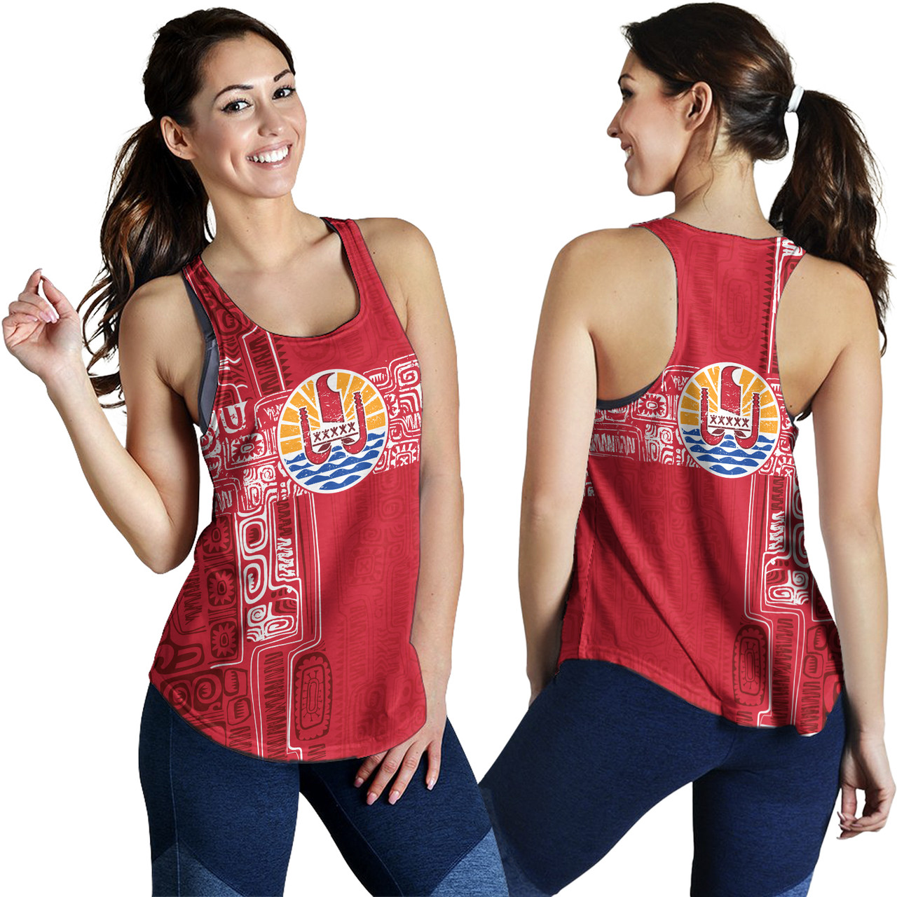 French Polynesia Women Tank Tribal Pattern Tahiti Vintage Style