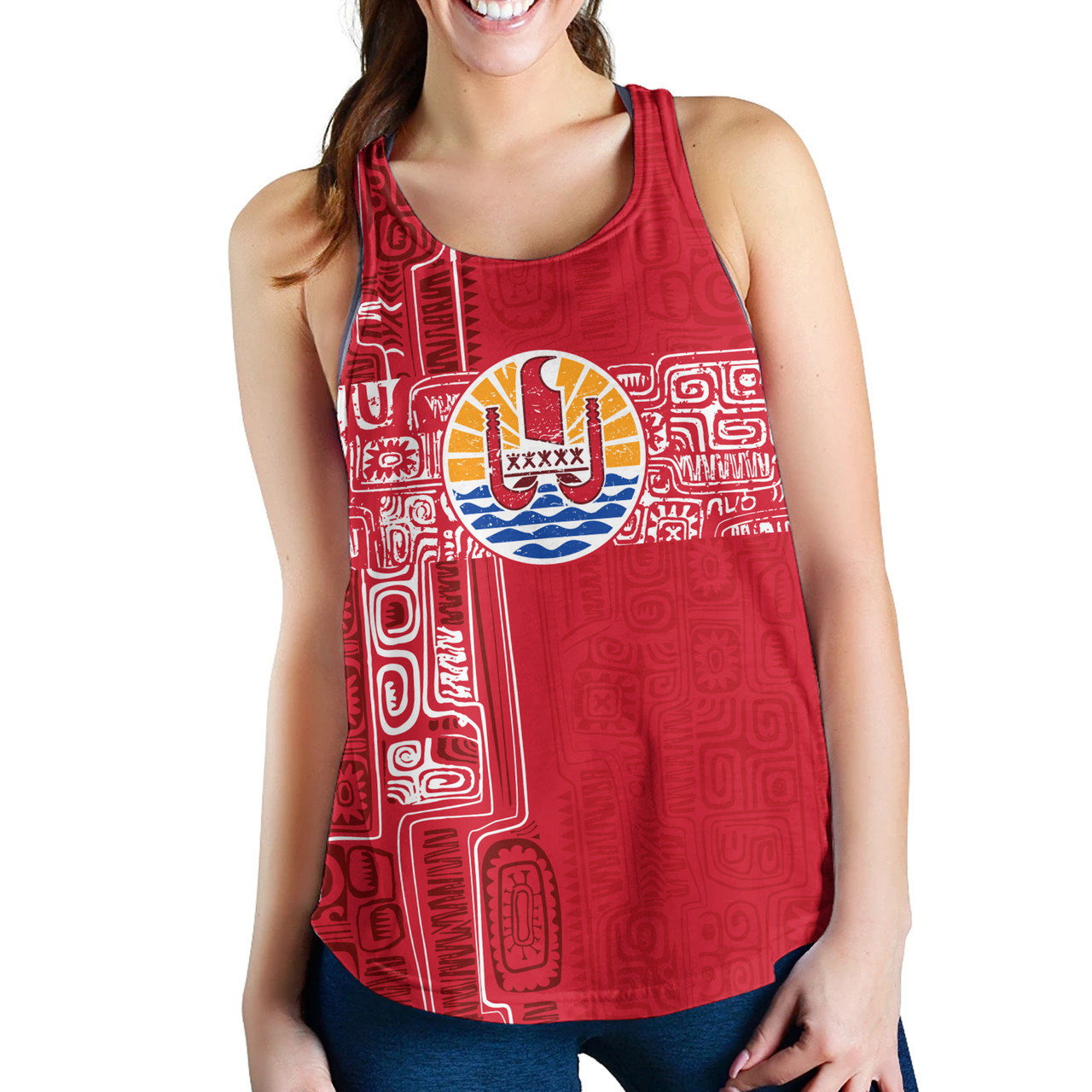 French Polynesia Women Tank Tribal Pattern Tahiti Vintage Style