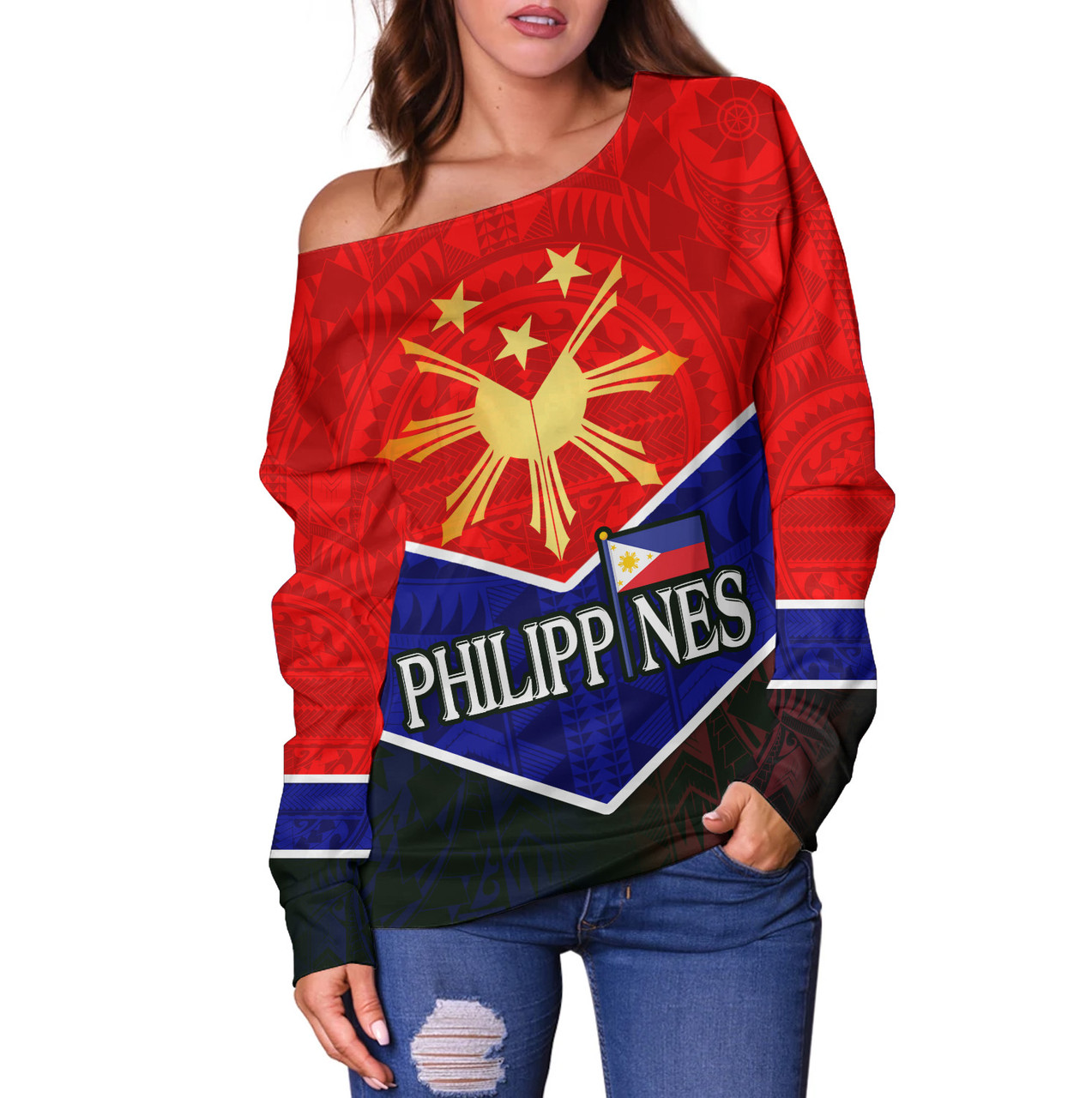 Philippines Filipinos Off Shoulder Sweatshirt Sun Filipinos Tribal Flowers Patterns