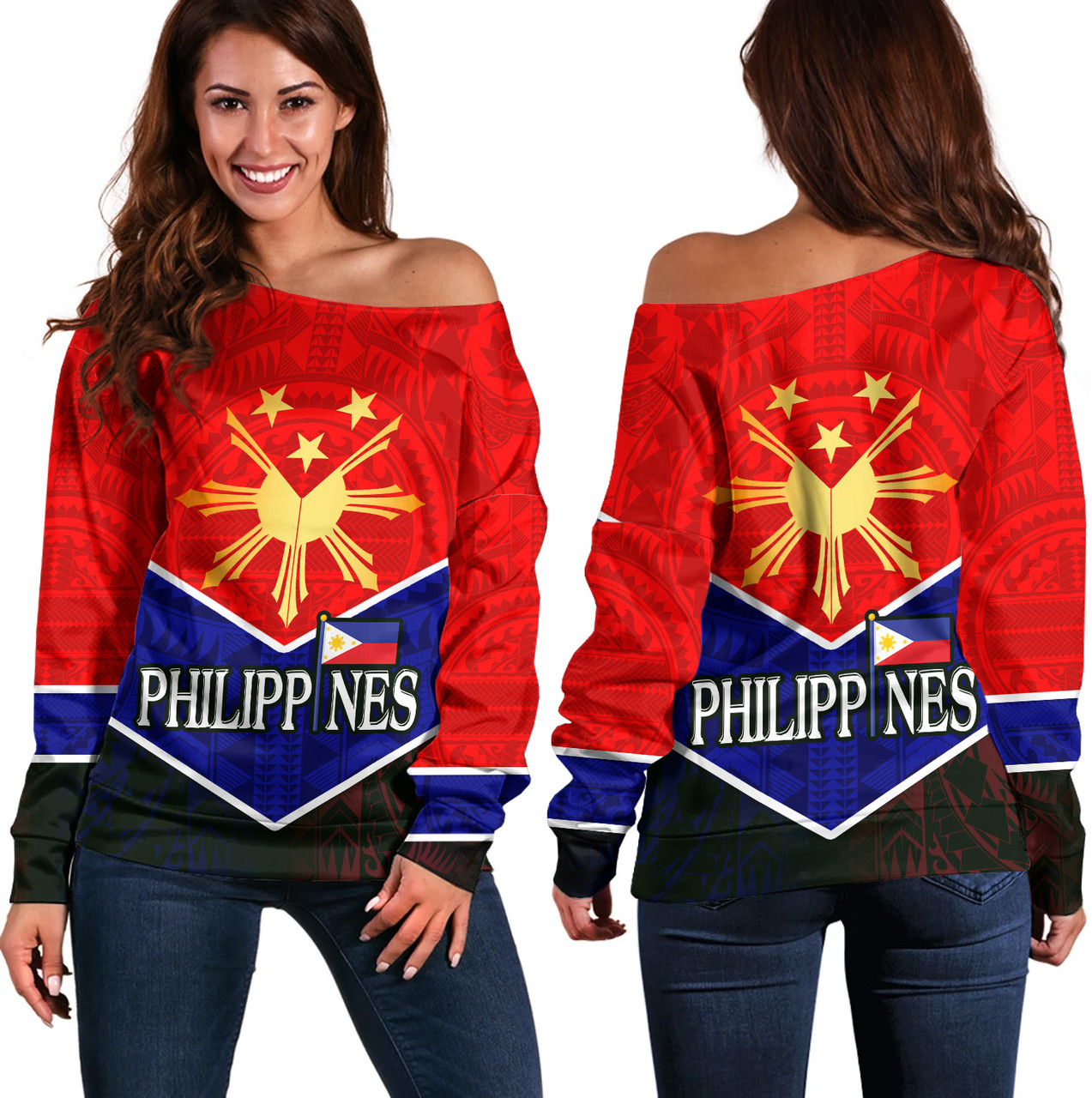 Philippines Filipinos Off Shoulder Sweatshirt Sun Filipinos Tribal Flowers Patterns