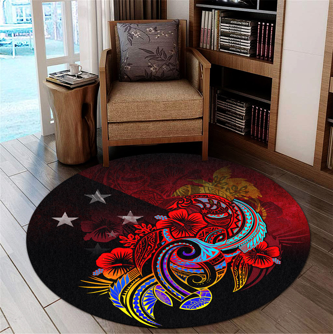 Papua New Guinea Round Rug Birds Of Paradise With Flag Color Style