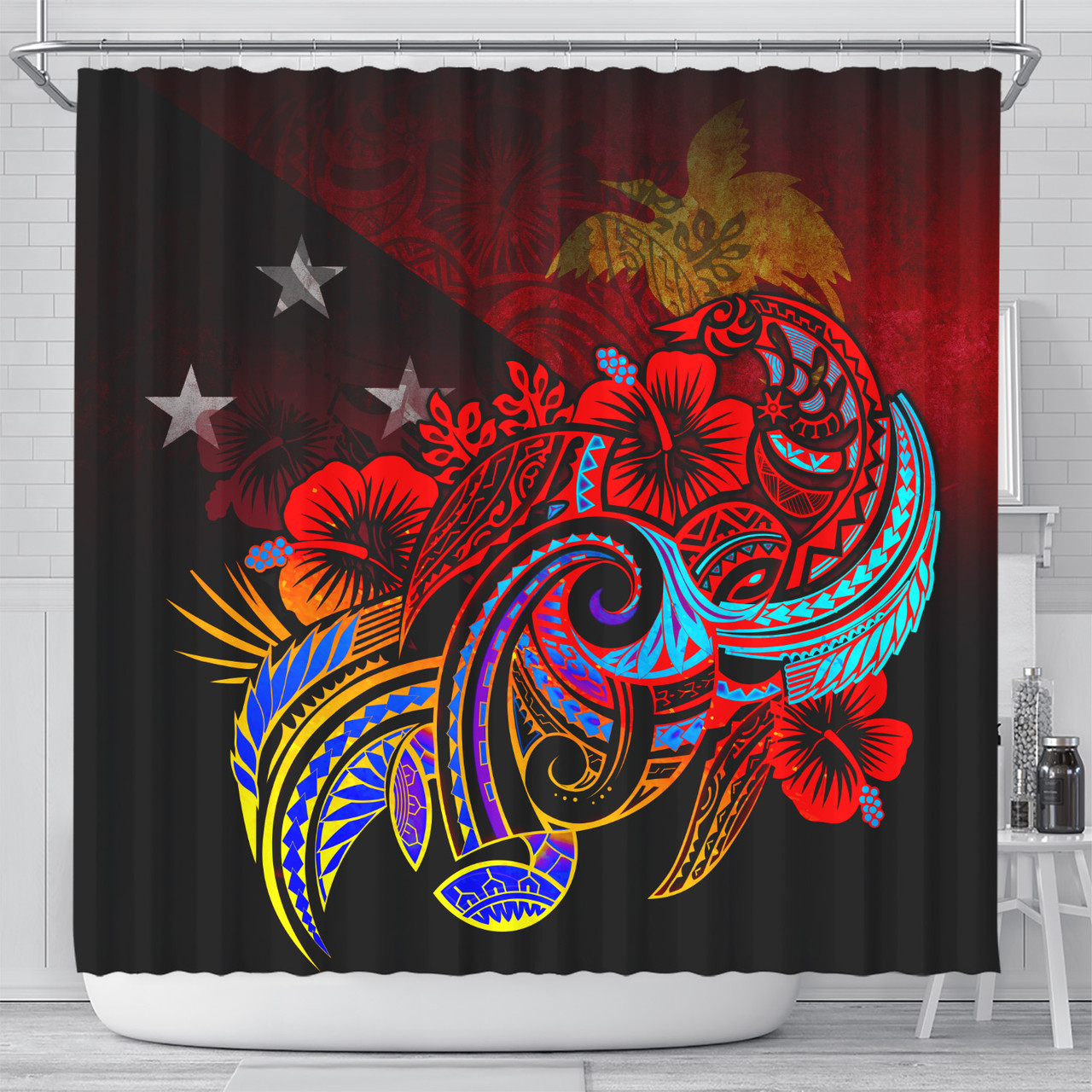 Papua New Guinea Shower Curtain Birds Of Paradise With Flag Color Style