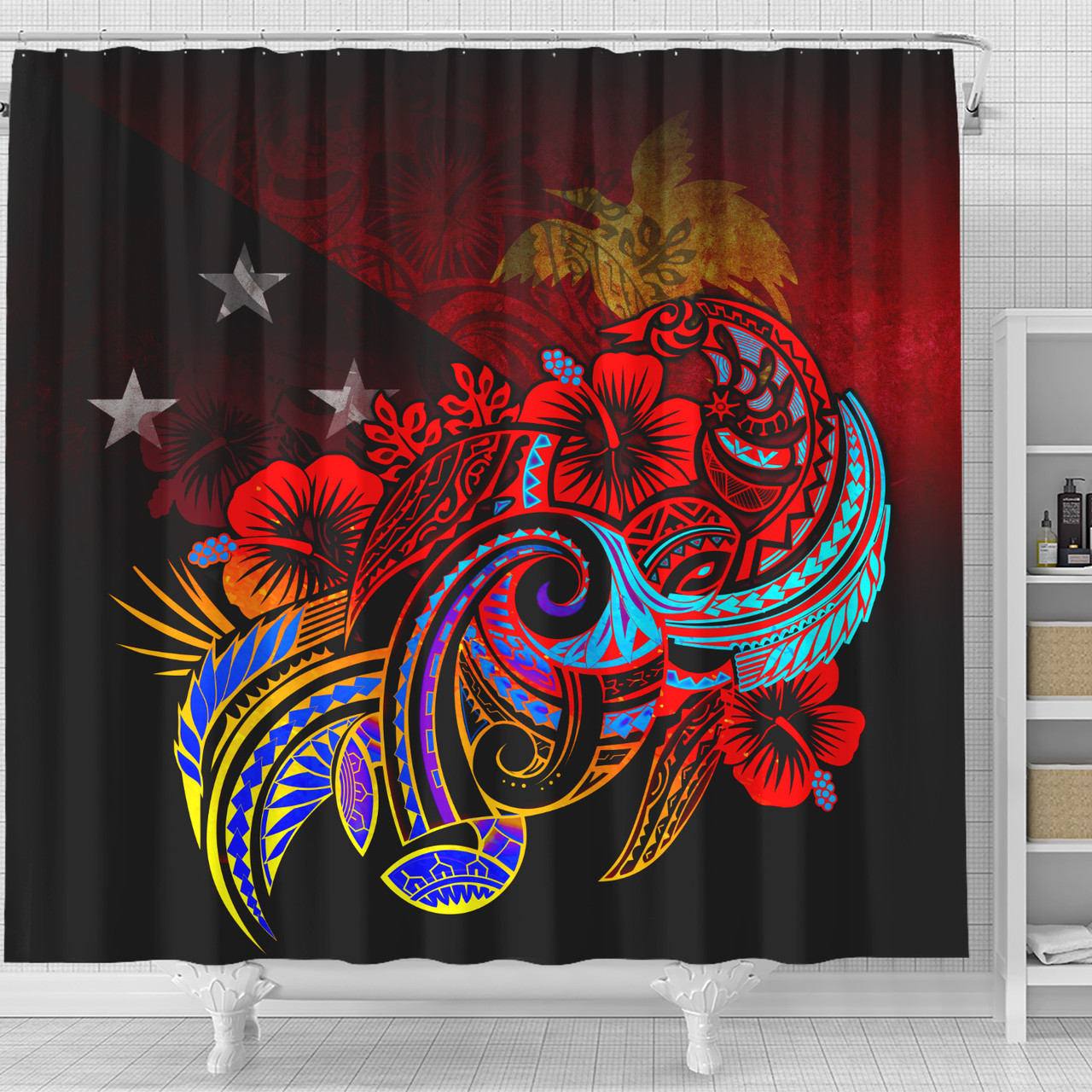 Papua New Guinea Shower Curtain Birds Of Paradise With Flag Color Style