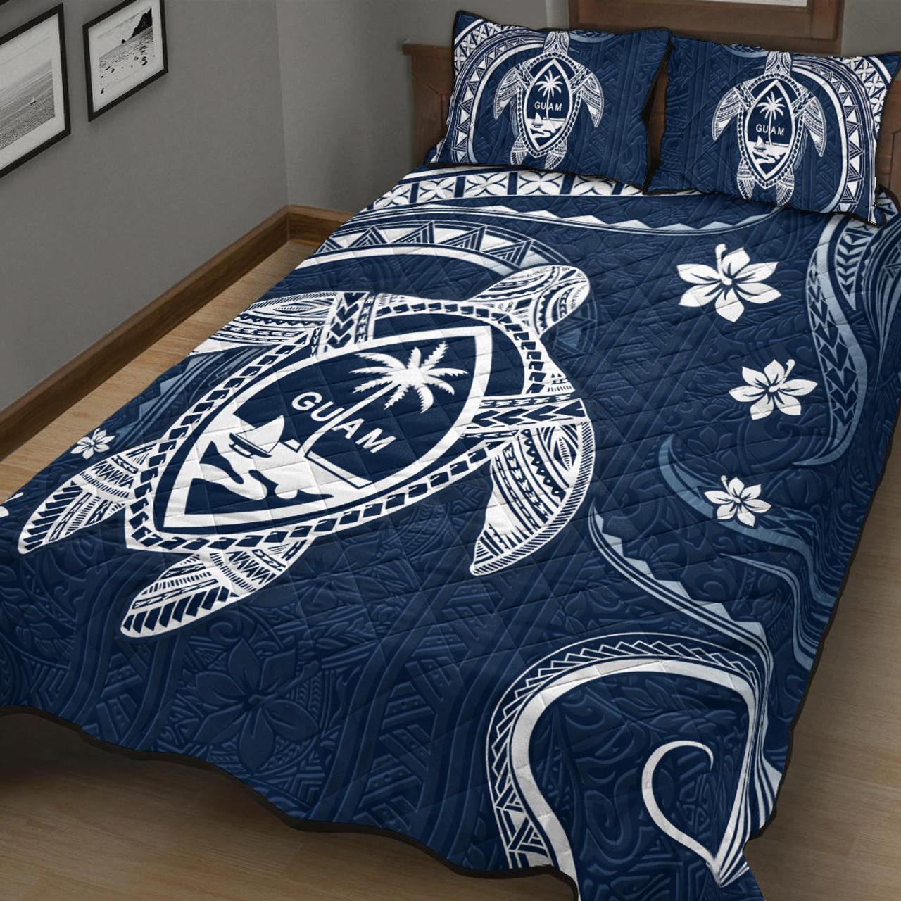 Guam Quilt Bed Set Turtle Polynesian Pattern Blue Ver