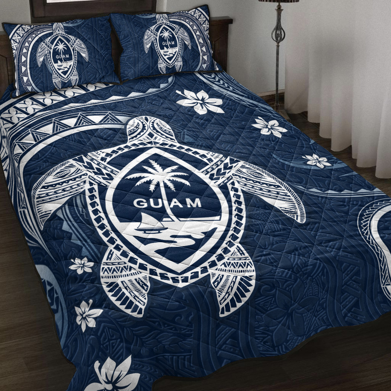 Guam Quilt Bed Set Turtle Polynesian Pattern Blue Ver