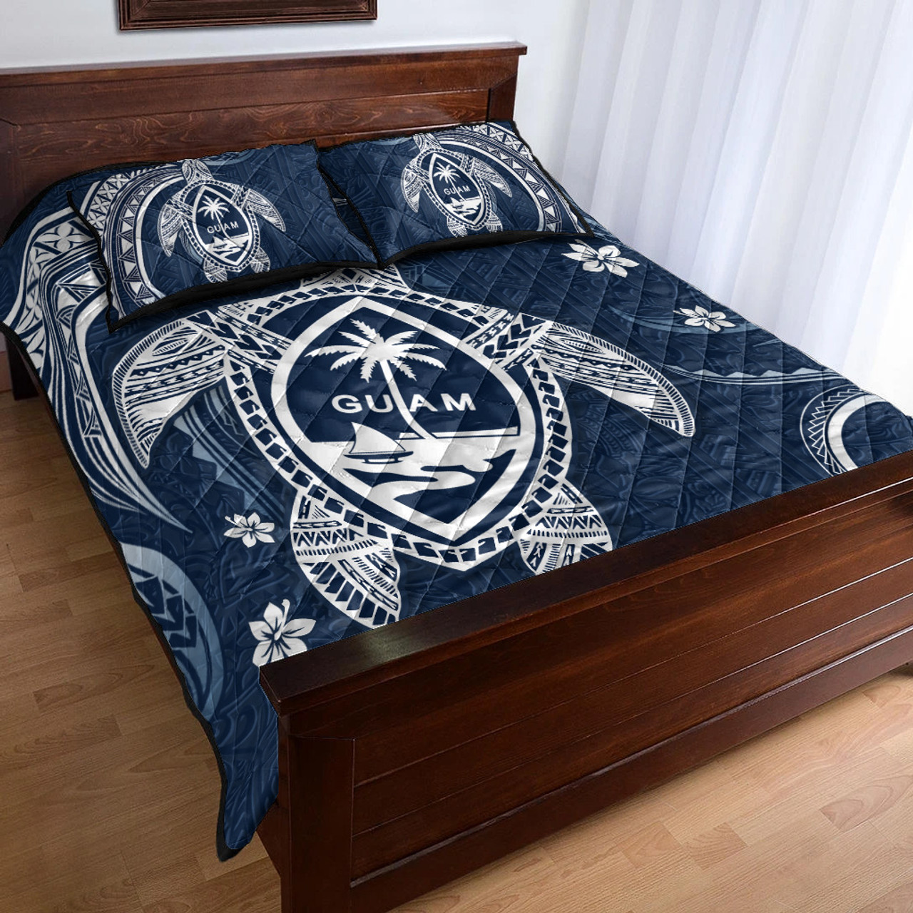 Guam Quilt Bed Set Turtle Polynesian Pattern Blue Ver