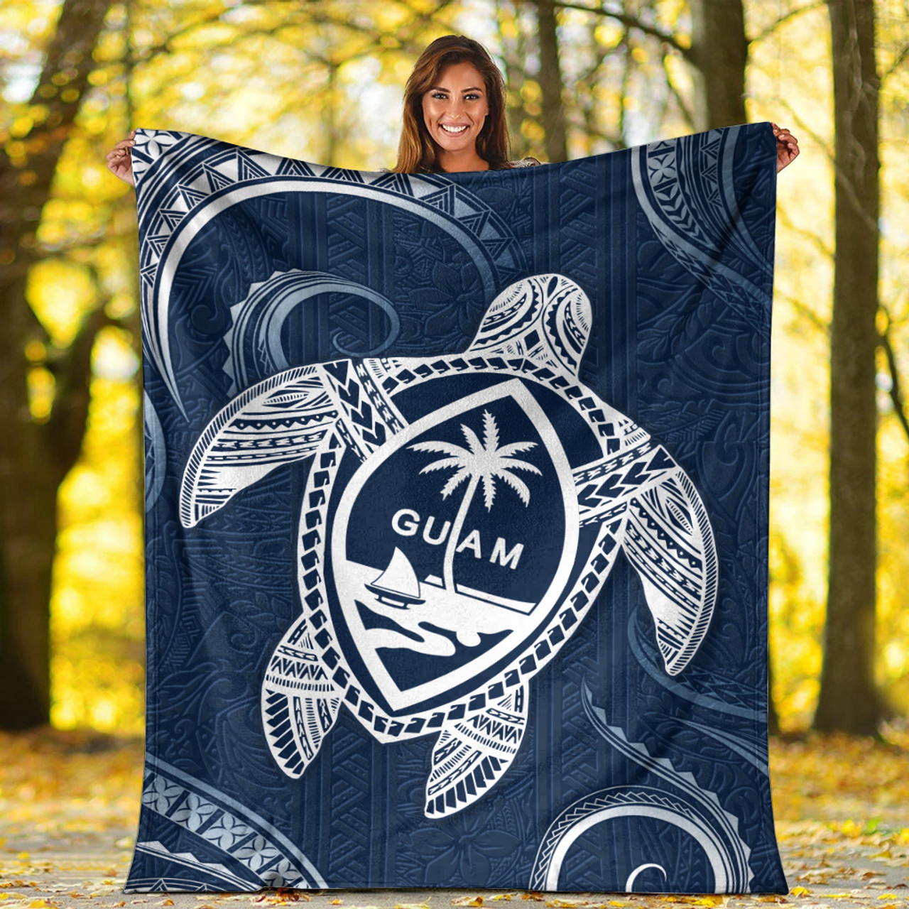 Guam Premium Blanket Turtle Polynesian Pattern Blue Ver