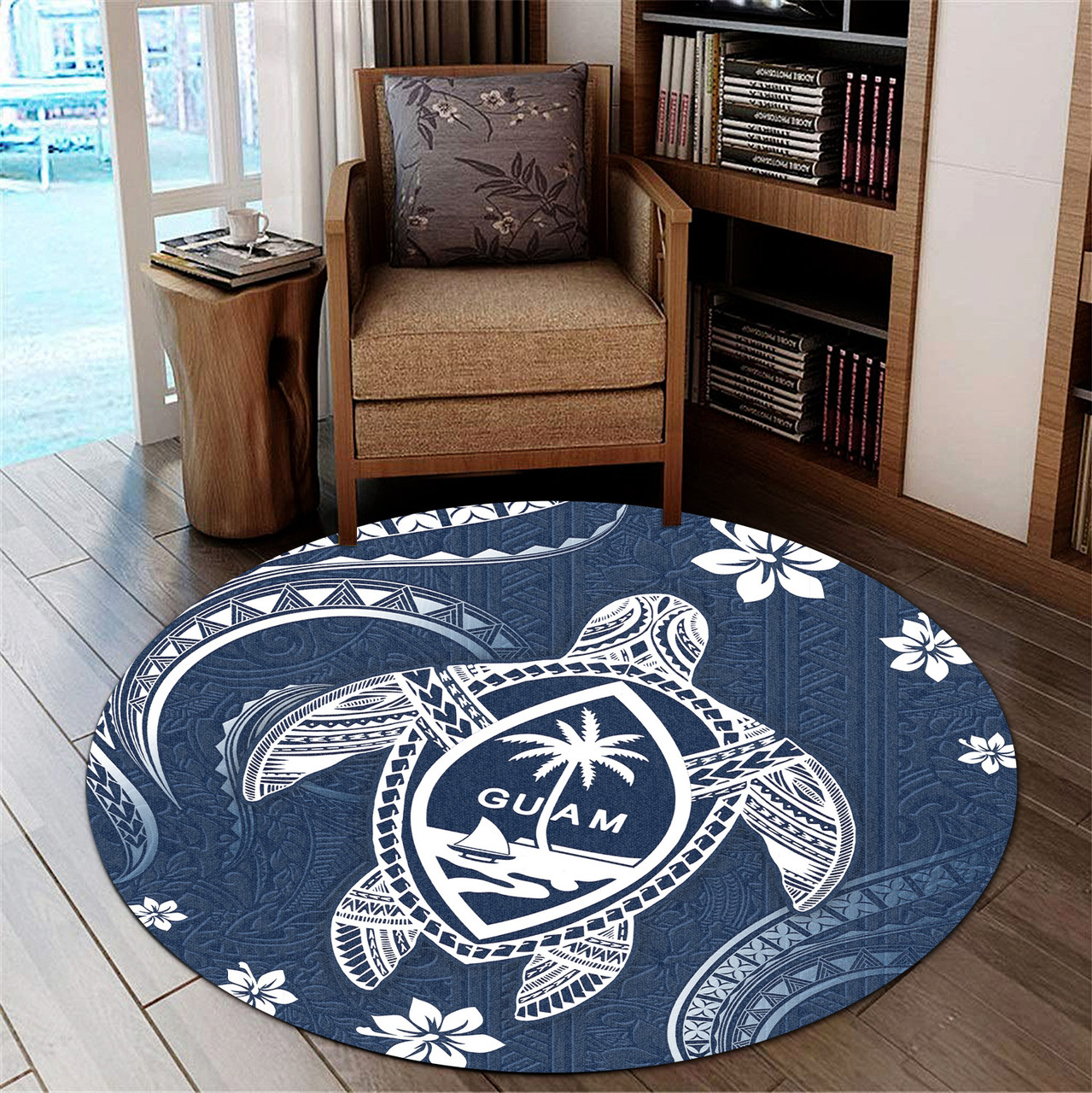 Guam Round Rug Turtle Polynesian Pattern Blue Ver