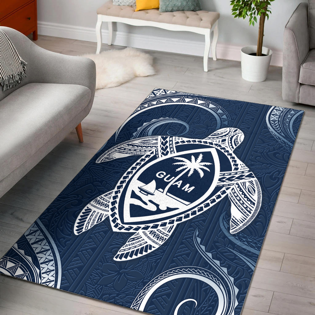 Guam Area Rug Turtle Polynesian Pattern Blue Ver