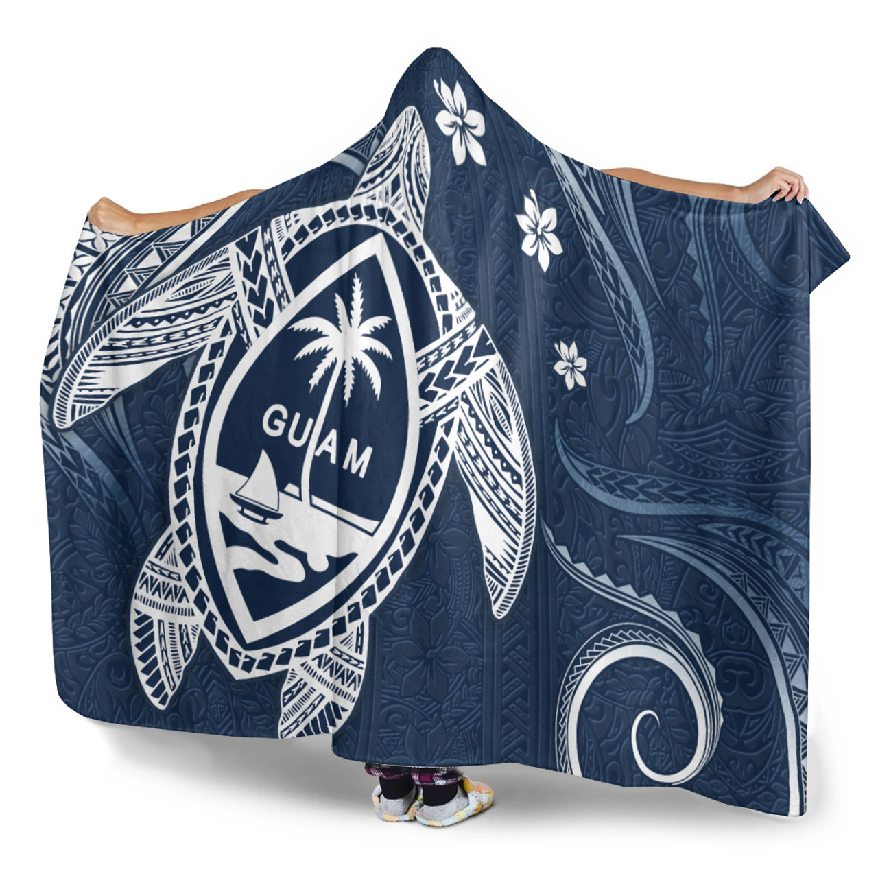 Guam Hooded Blanket Turtle Polynesian Pattern Blue Ver