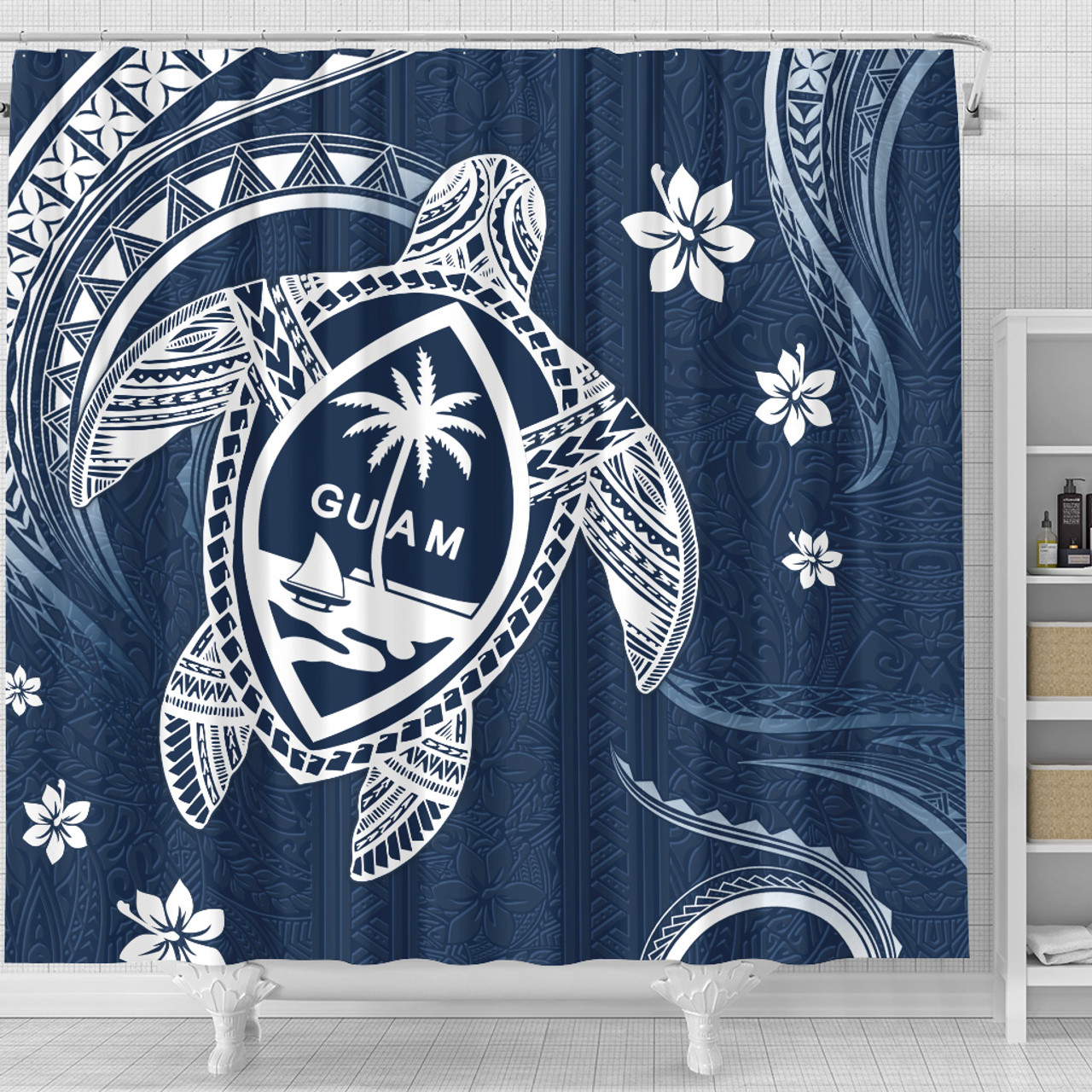 Guam Shower Curtain Turtle Polynesian Pattern Blue Ver