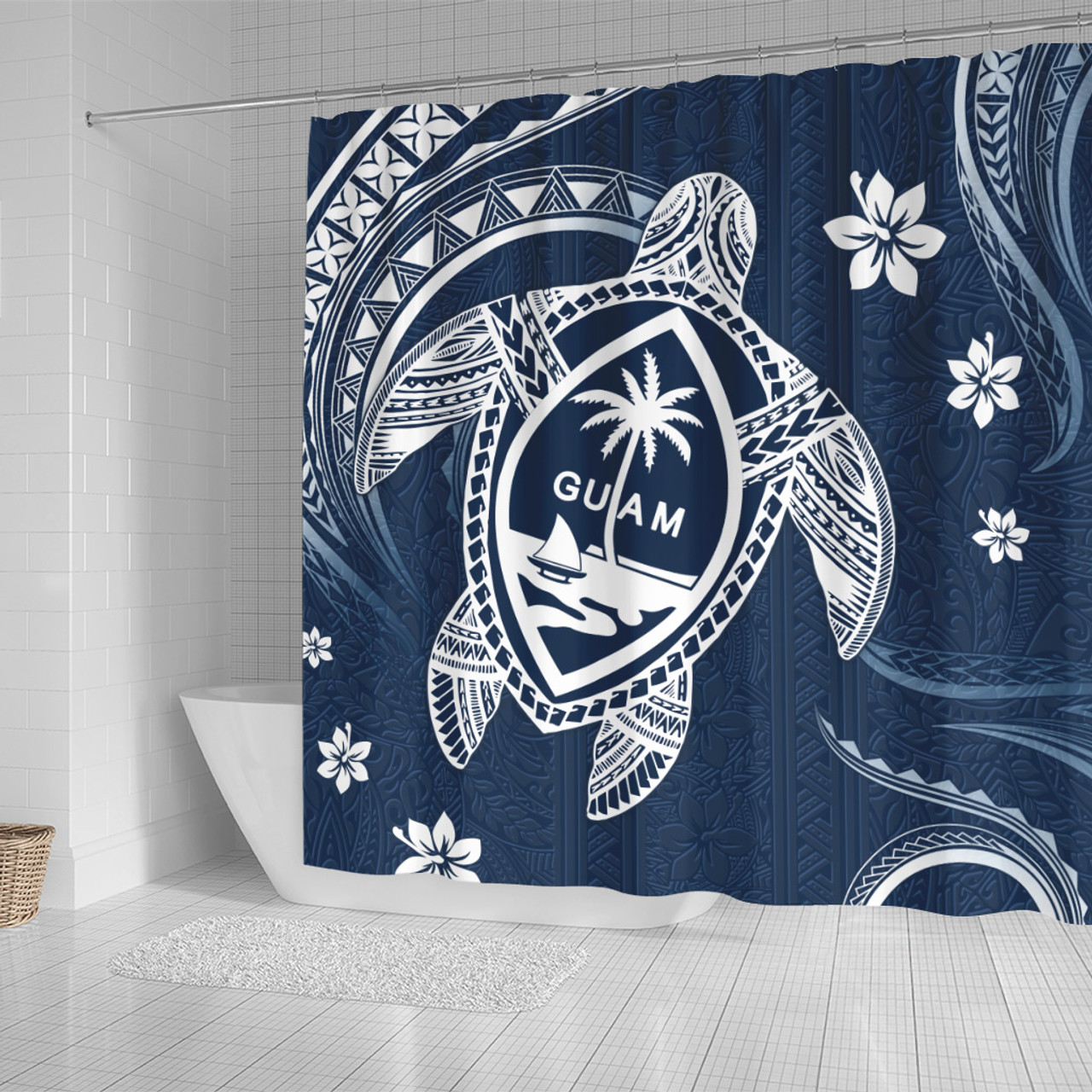 Guam Shower Curtain Turtle Polynesian Pattern Blue Ver