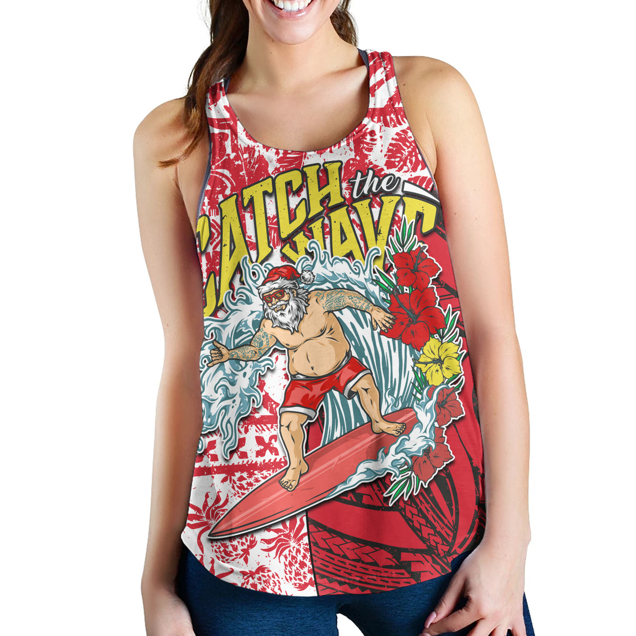 Hawaii Women Tank Surfing Santa Polynesian Pattern Vintage Style