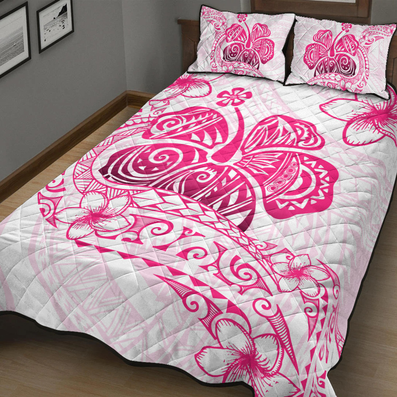 Hawaii Quilt Bed Set Pink Hibiscus And Plumeria Flowers Polynesian Decor