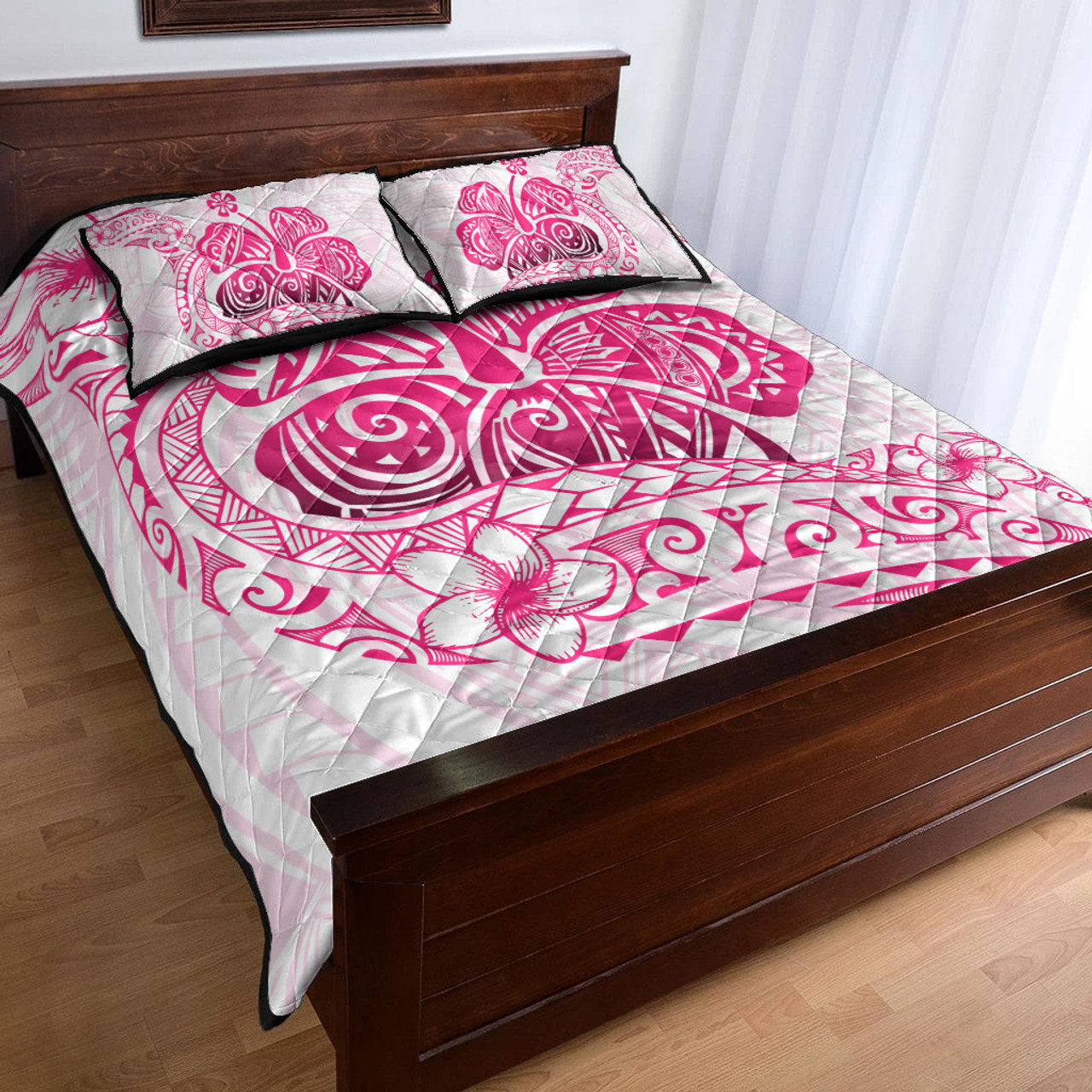 Hawaii Quilt Bed Set Pink Hibiscus And Plumeria Flowers Polynesian Decor