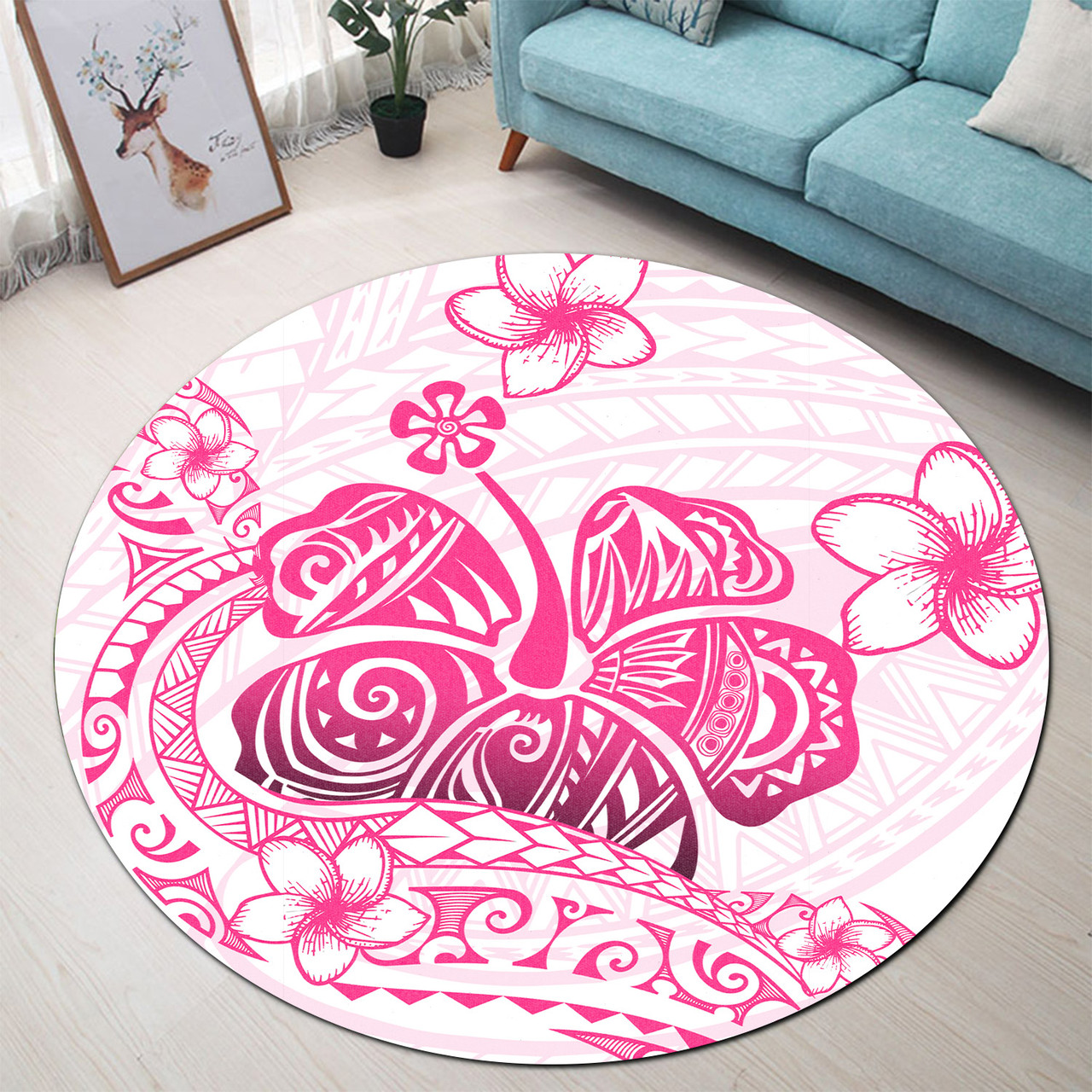 Hawaii Round Rug Pink Hibiscus And Plumeria Flowers Polynesian Decor