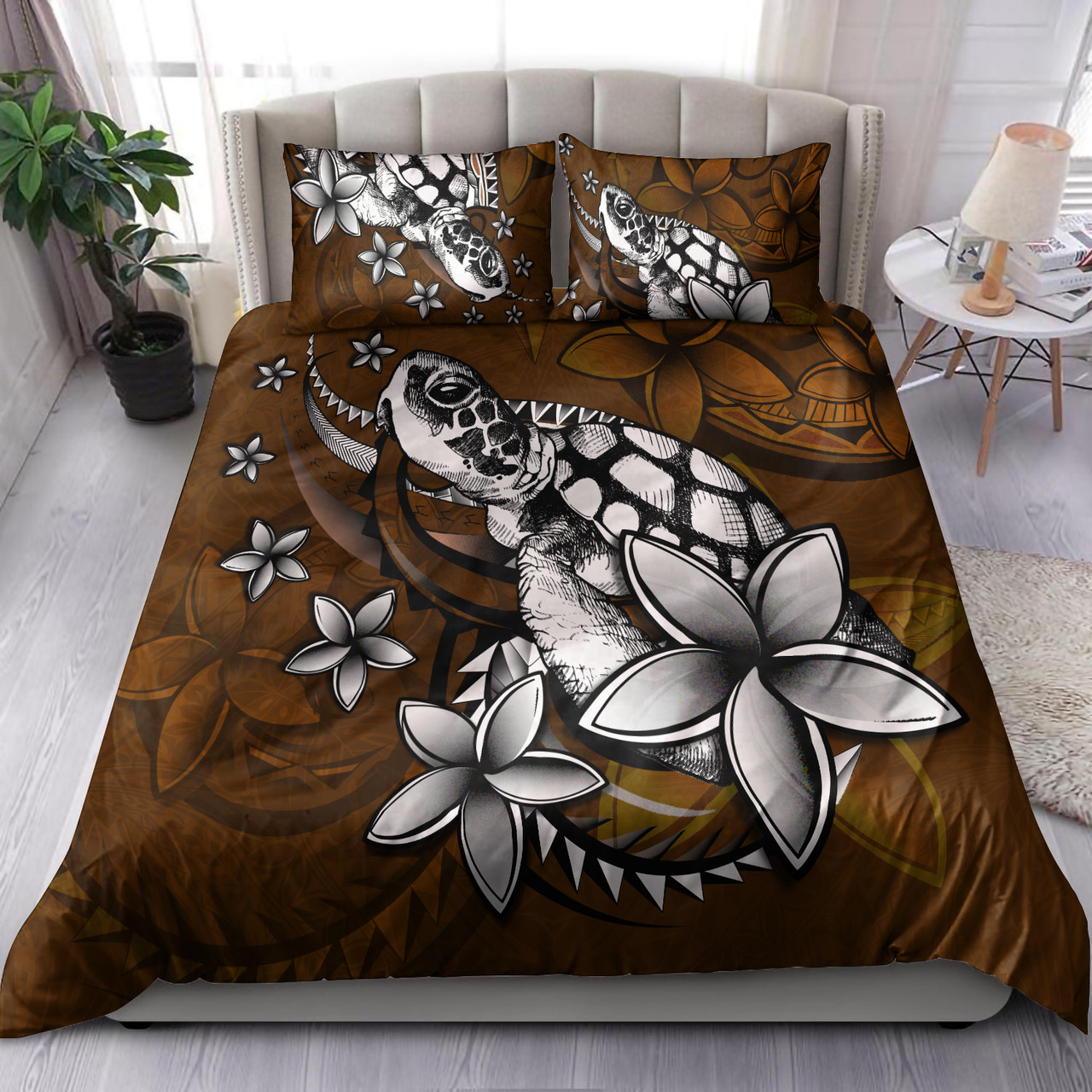 Hawaii Bedding Set Sea Turtle With Plumeria Polynesian Patterns Retro Style