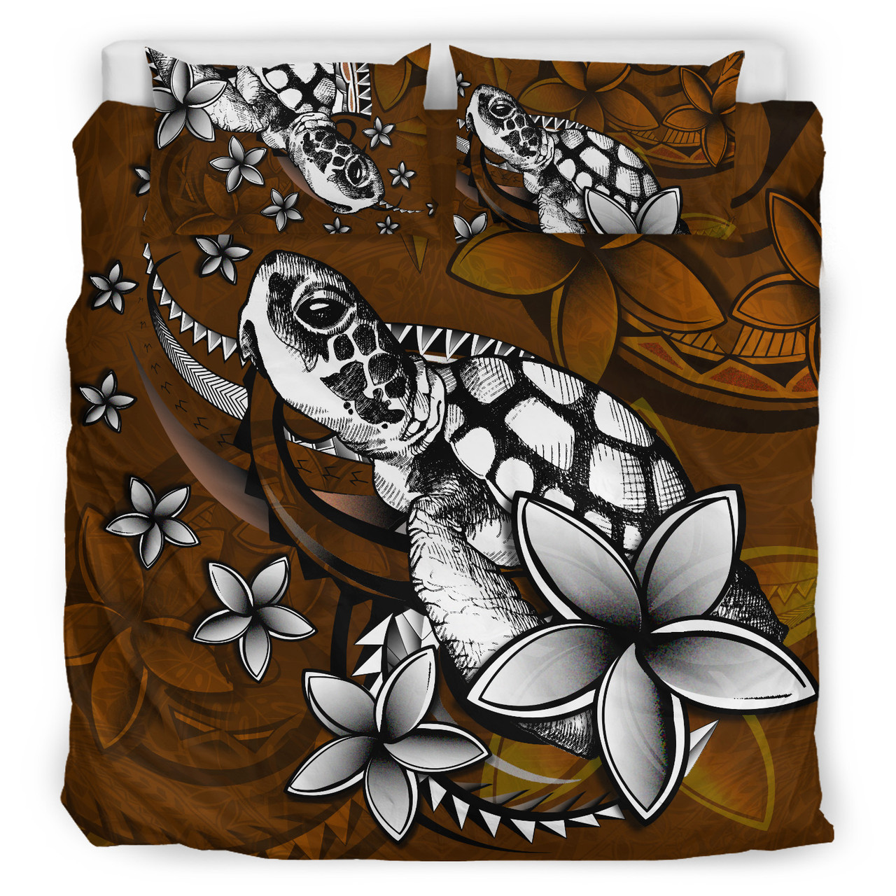 Hawaii Bedding Set Sea Turtle With Plumeria Polynesian Patterns Retro Style