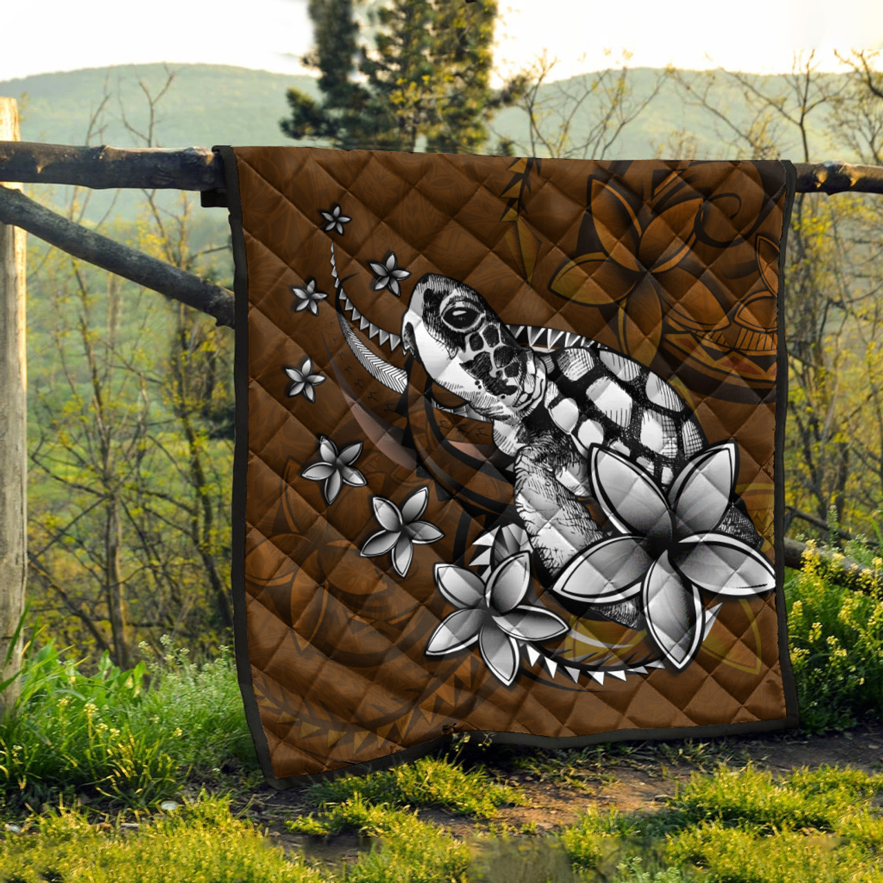 Hawaii Premium Quilt Sea Turtle With Plumeria Polynesian Patterns Retro Style