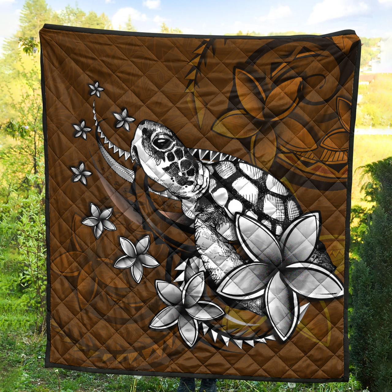 Hawaii Premium Quilt Sea Turtle With Plumeria Polynesian Patterns Retro Style