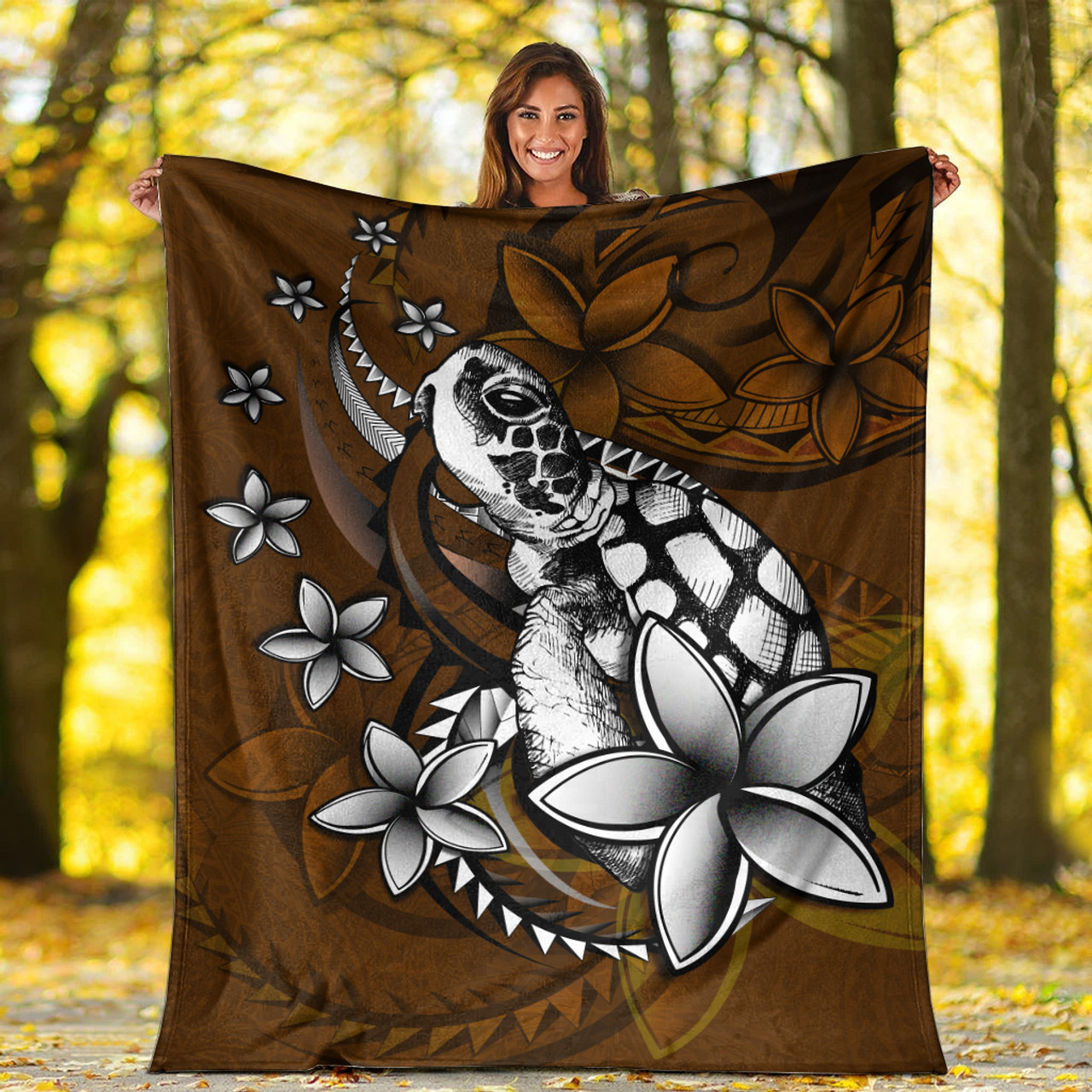 Hawaii Premium Blanket Sea Turtle With Plumeria Polynesian Patterns Retro Style