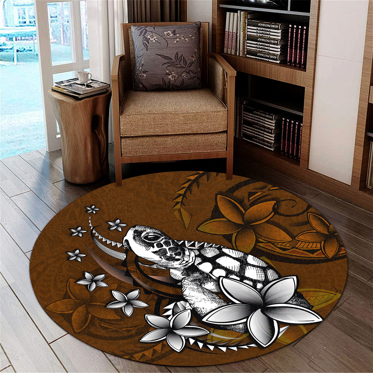 Hawaii Round Rug Sea Turtle With Plumeria Polynesian Patterns Retro Style