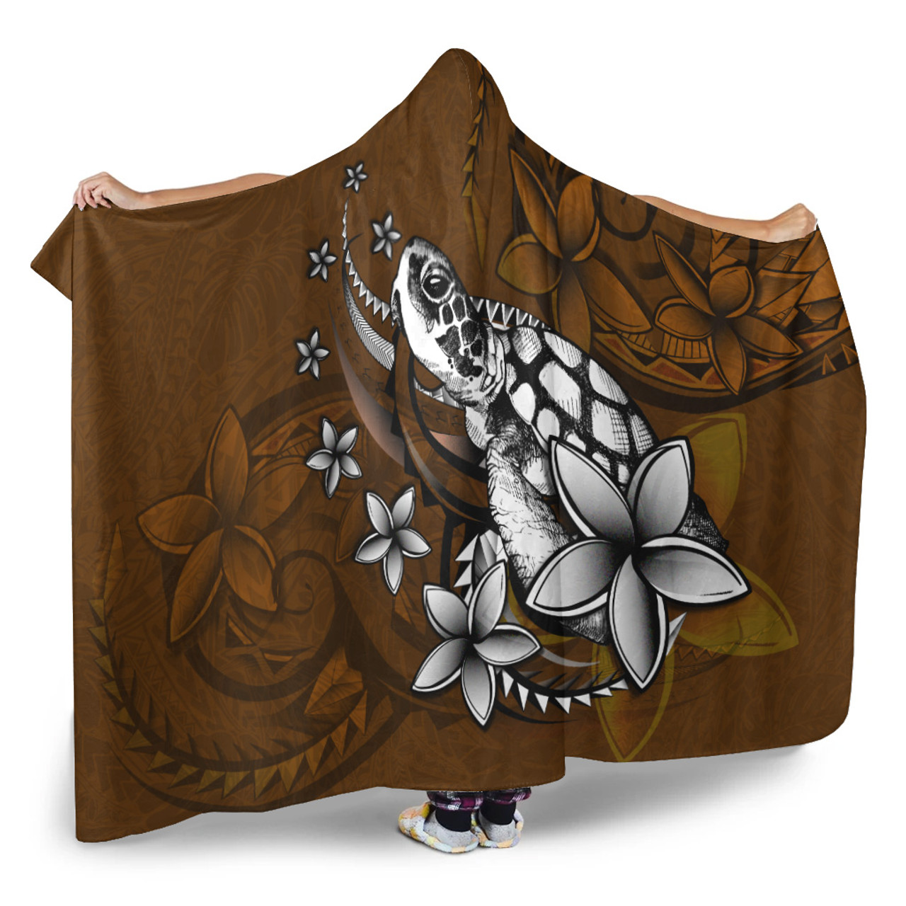 Hawaii Hooded Blanket Sea Turtle With Plumeria Polynesian Patterns Retro Style
