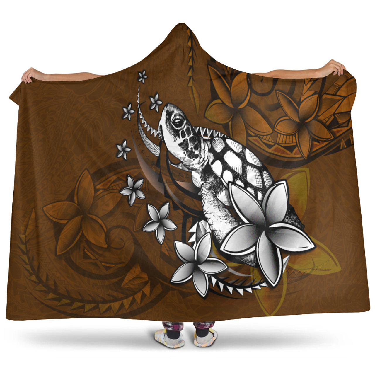 Hawaii Hooded Blanket Sea Turtle With Plumeria Polynesian Patterns Retro Style