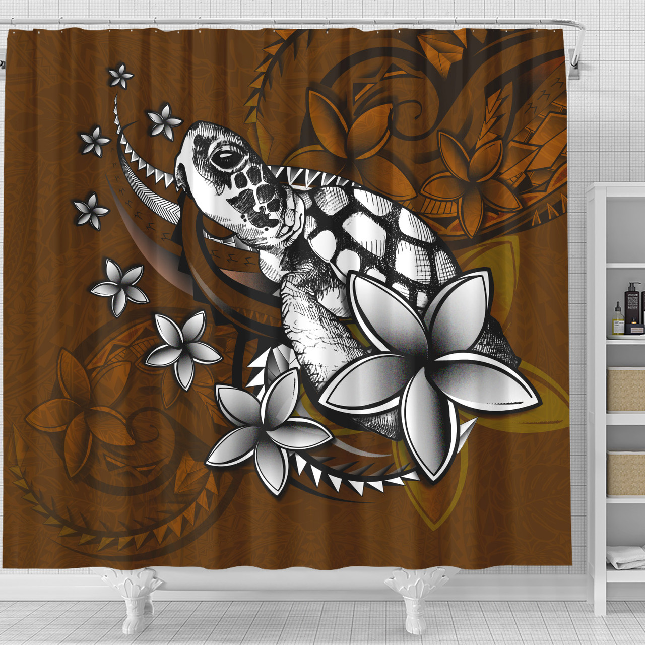 Hawaii Shower Curtain Sea Turtle With Plumeria Polynesian Patterns Retro Style