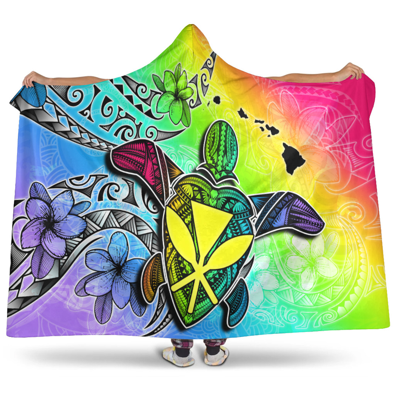 Hawaii Hooded Blanket Hawaii Map And Turtle Tribal Patterns