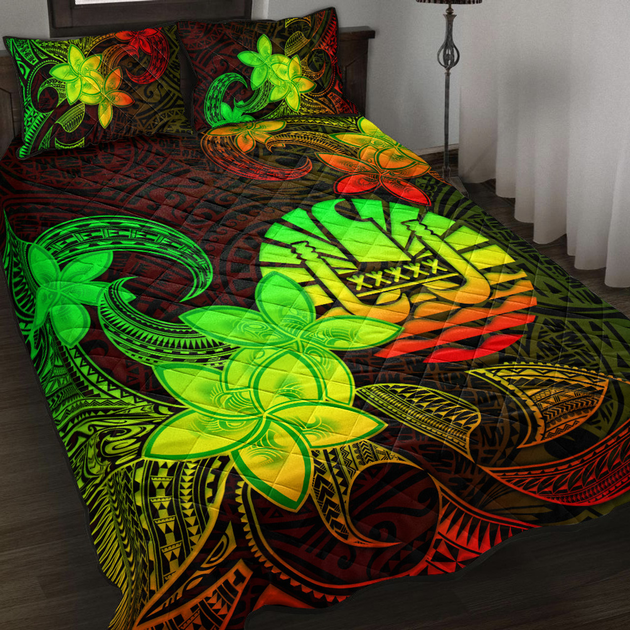 Tahiti Quilt Bed Set Plumeria Flowers Vintage Style Reggae Colors
