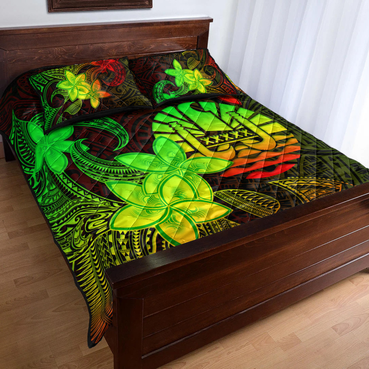 Tahiti Quilt Bed Set Plumeria Flowers Vintage Style Reggae Colors