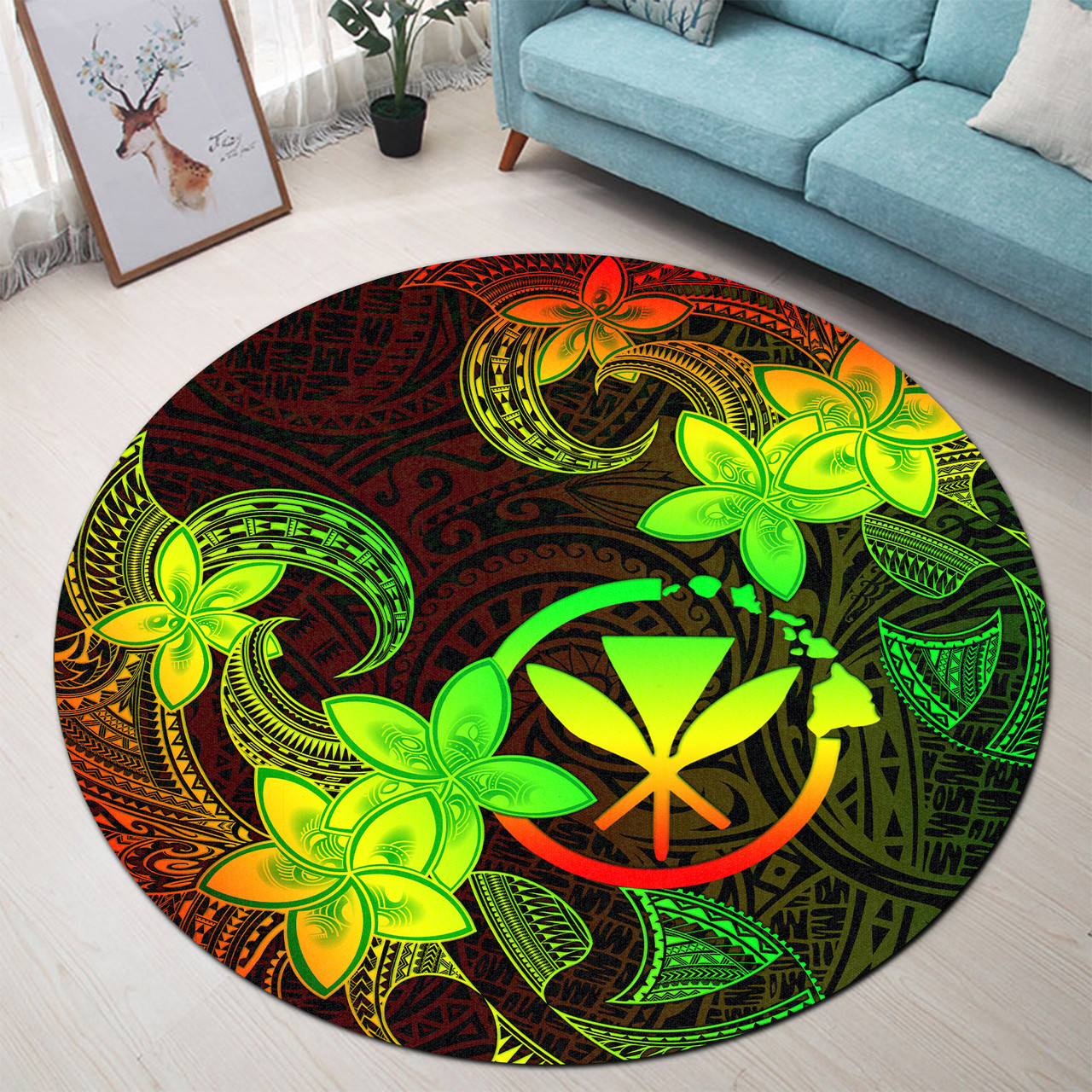 Hawaii Round Rug Kanaka Maoli Plumeria Flowers Vintage Style Reggae Colors