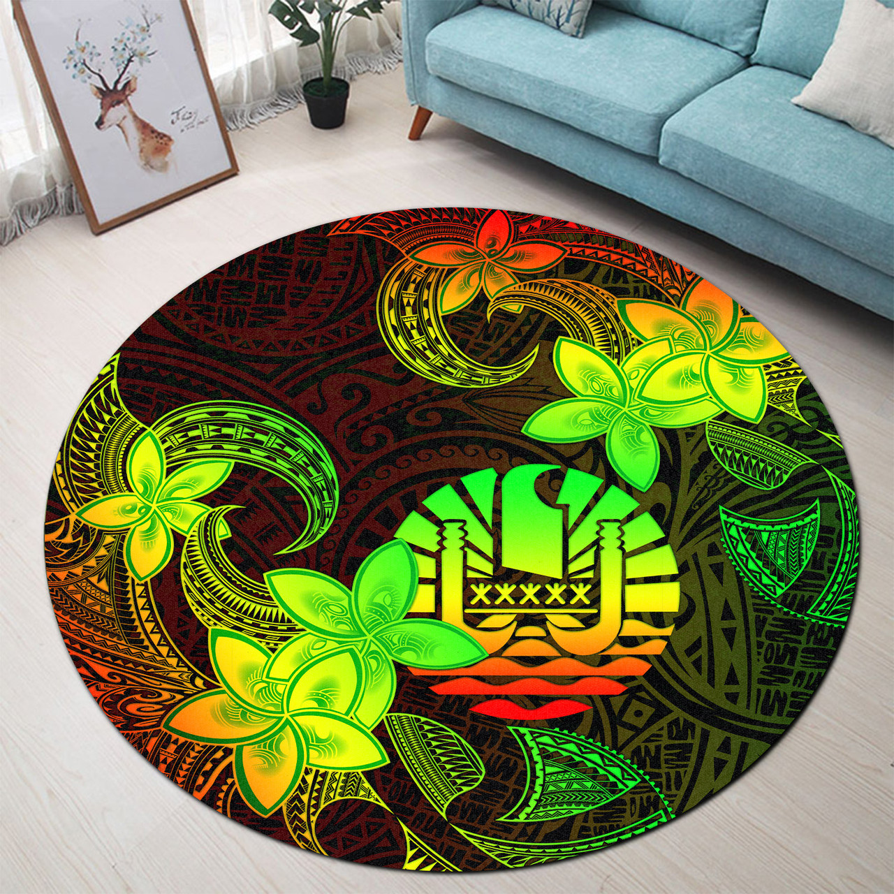 Tahiti Round Rug Plumeria Flowers Vintage Style Reggae Colors