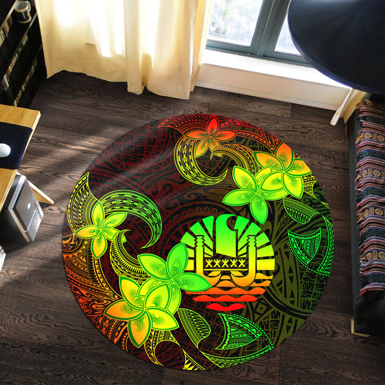 Tahiti Round Rug Plumeria Flowers Vintage Style Reggae Colors