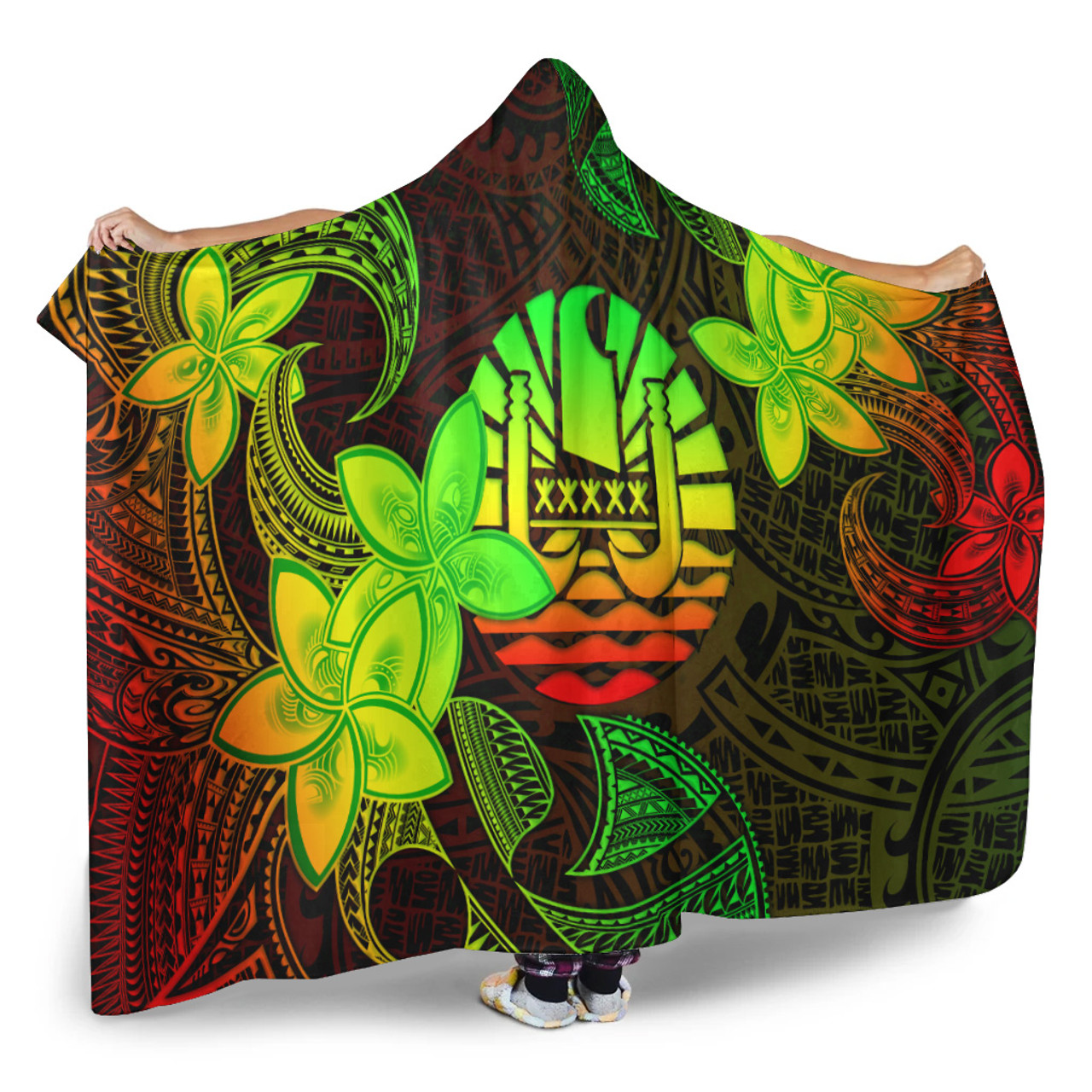 Tahiti Hooded Blanket Plumeria Flowers Vintage Style Reggae Colors
