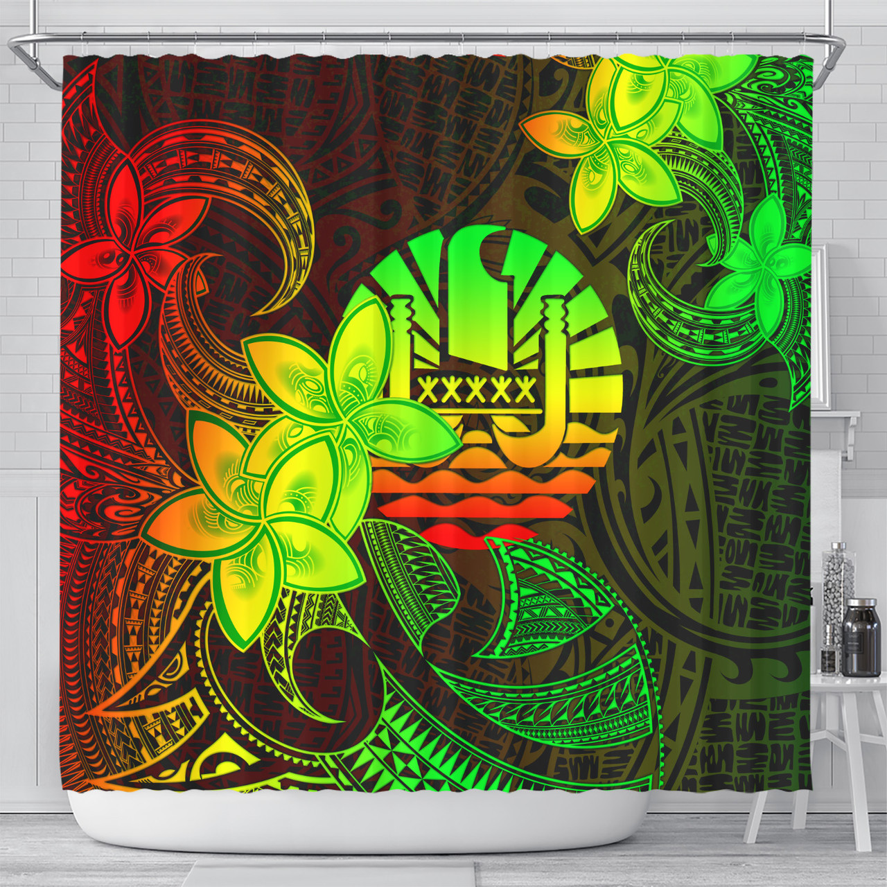 Tahiti Shower Curtain Plumeria Flowers Vintage Style Reggae Colors