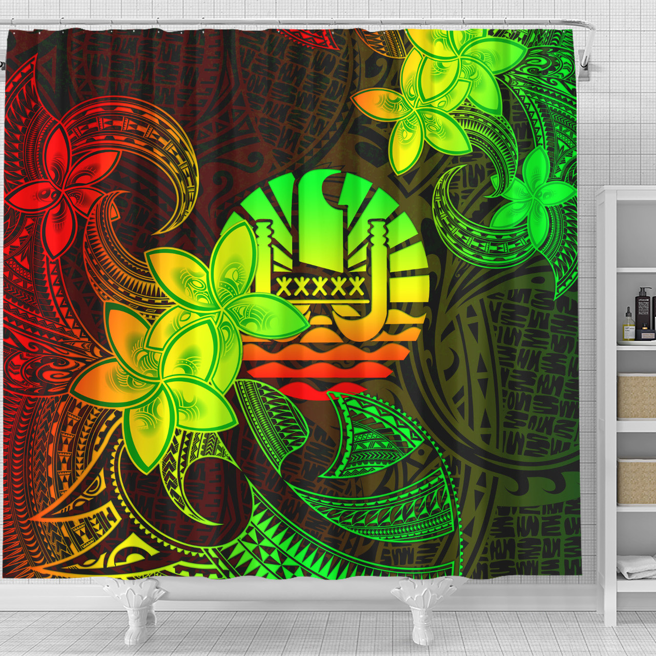 Tahiti Shower Curtain Plumeria Flowers Vintage Style Reggae Colors