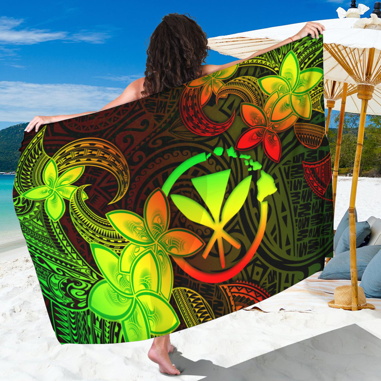 Hawaii Sarong Kanaka Maoli Plumeria Flowers Vintage Style Reggae Colors