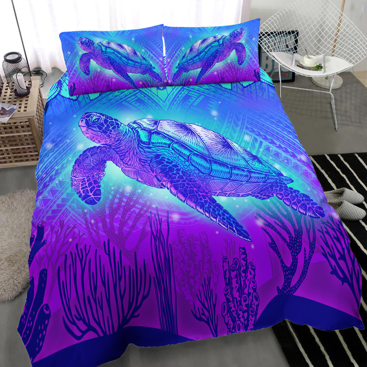 Hawaii Bedding Set Turtle Underwater Sea Polynesian Style