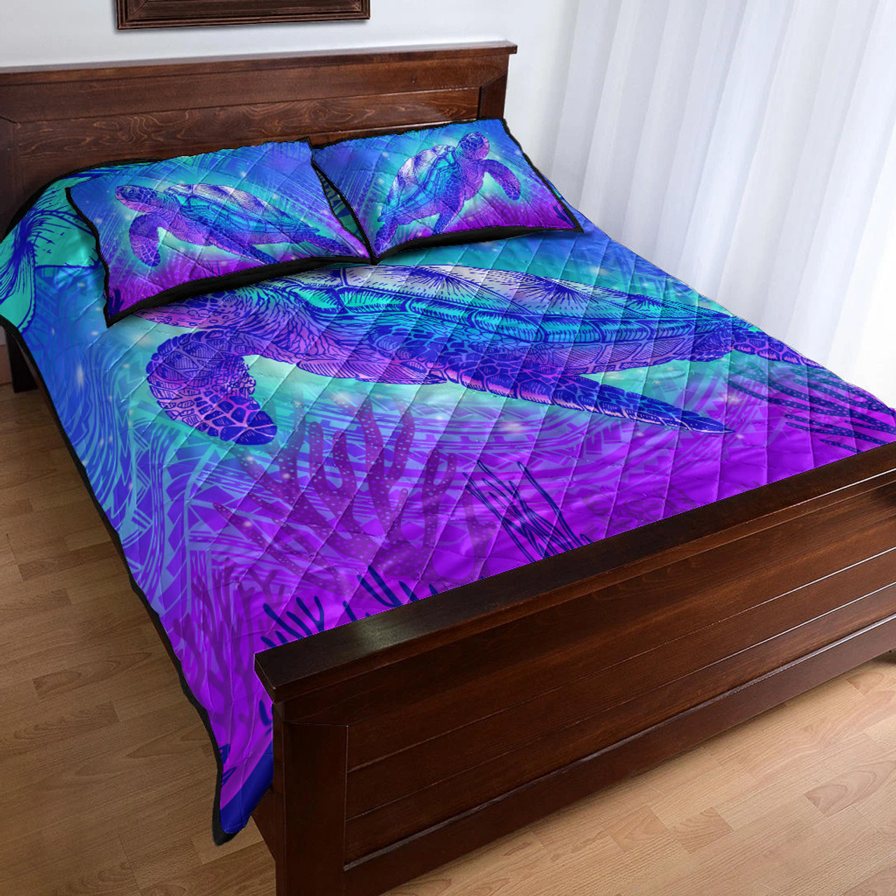 Hawaii Quilt Bed Set Turtle Underwater Sea Polynesian Style