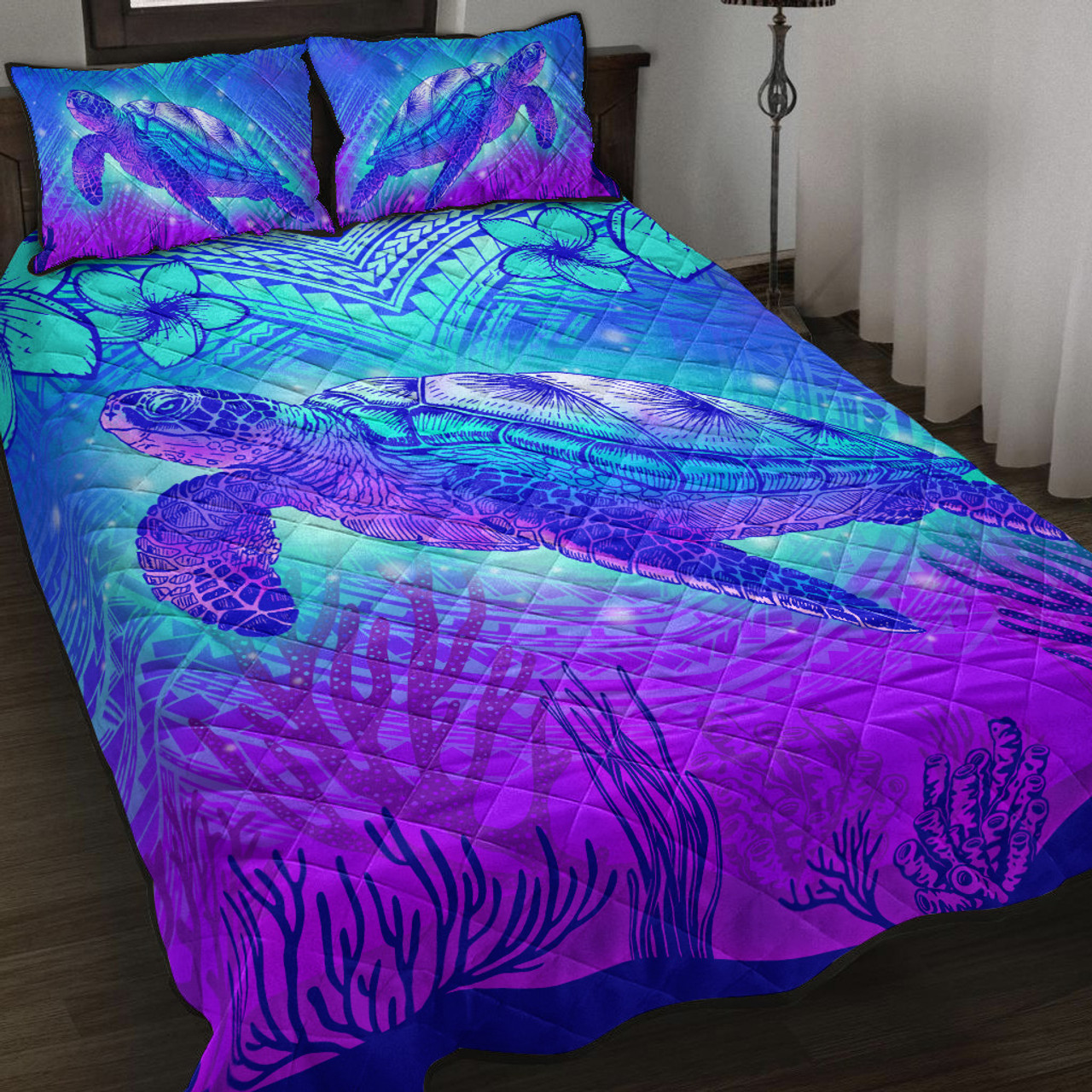 Hawaii Quilt Bed Set Turtle Underwater Sea Polynesian Style