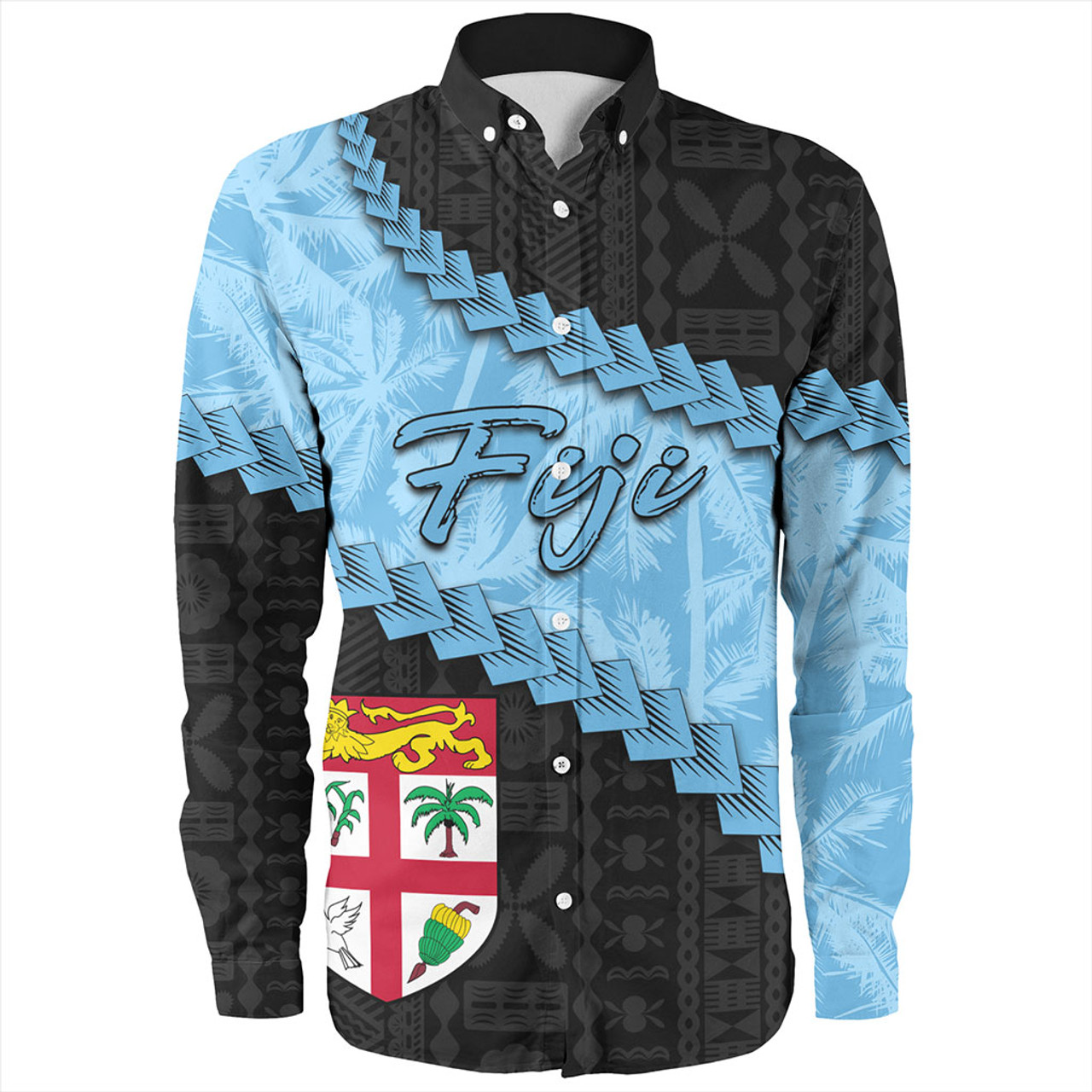 Fiji Long Sleeve Shirt Coconut Pattern And Coat Of Arms