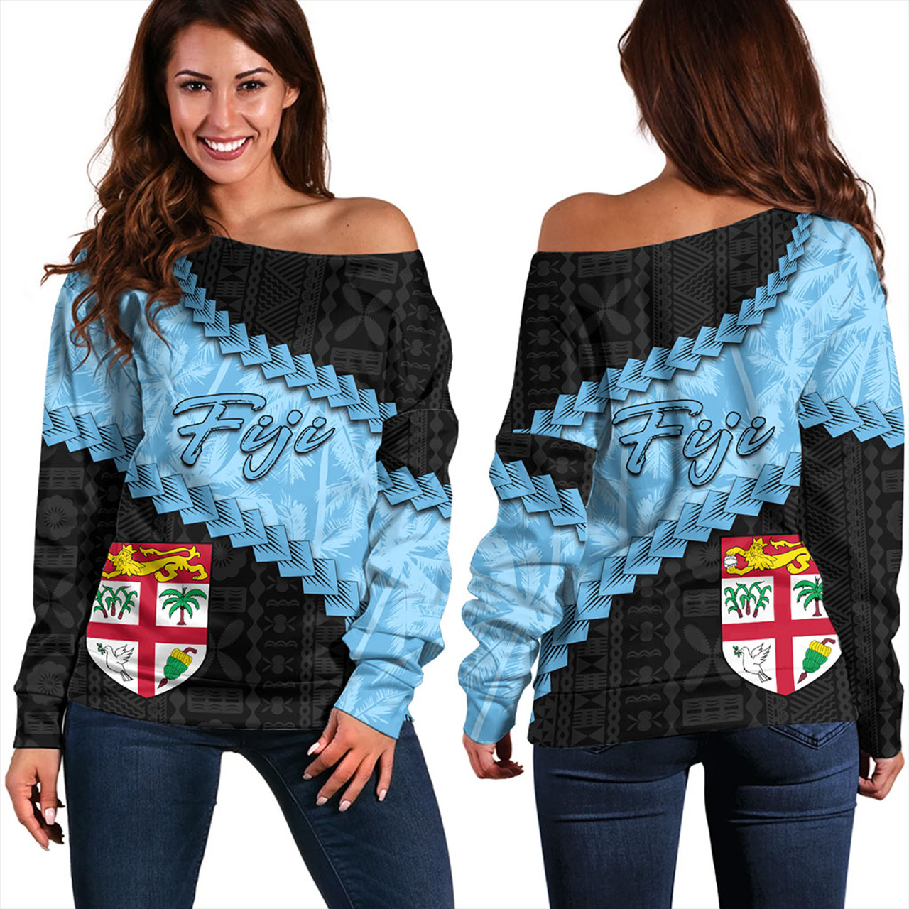 Fiji Off Shoulder Sweatshirt Coconut Pattern And Coat Of Arms