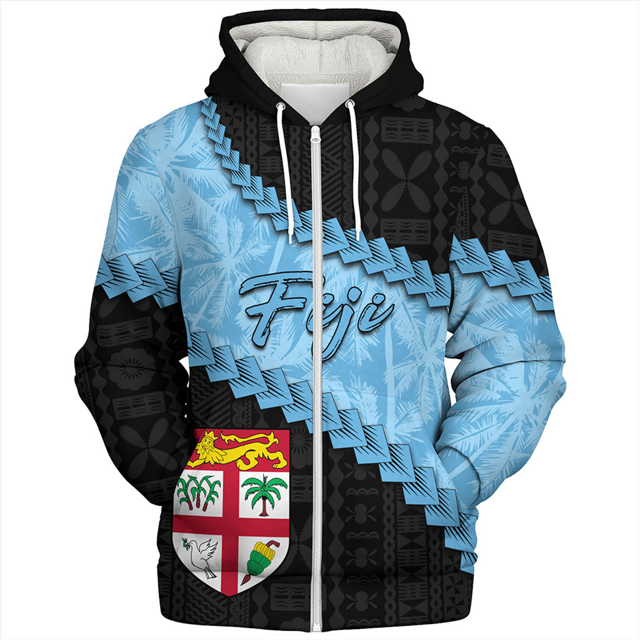Fiji Sherpa Hoodie Coconut Pattern And Coat Of Arms