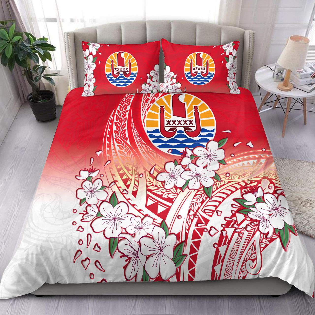 Tahiti Bedding Set Polynesian Pattern Style White Flowers