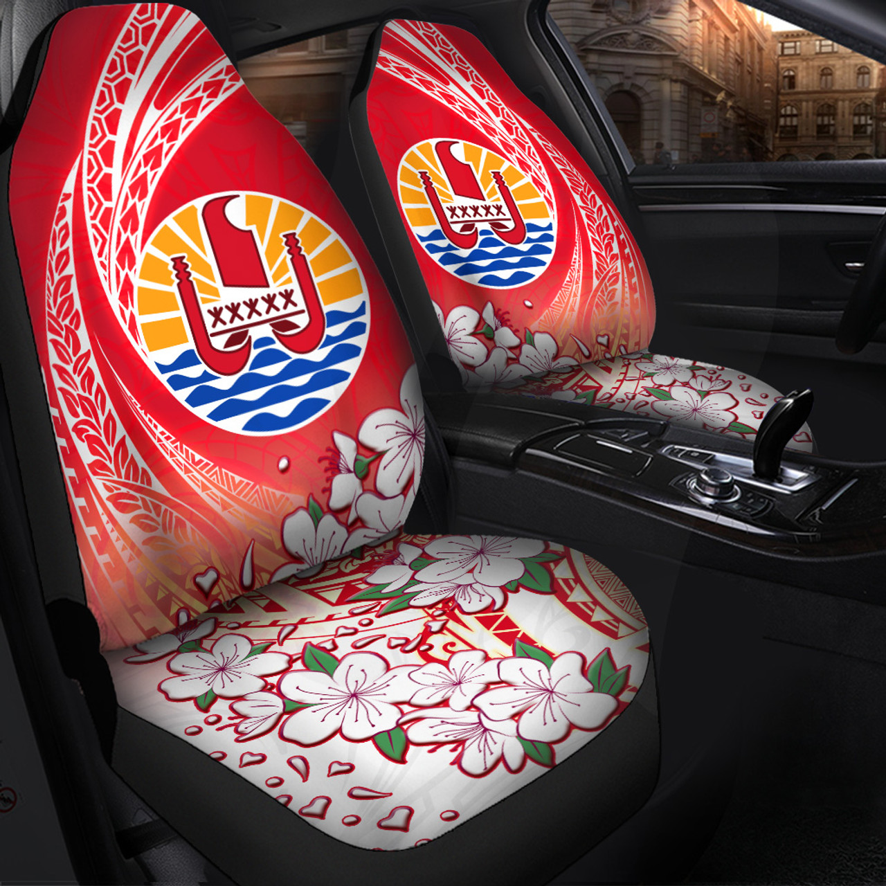 Tahiti Car Seat Covers Polynesian Pattern Style White Flowers