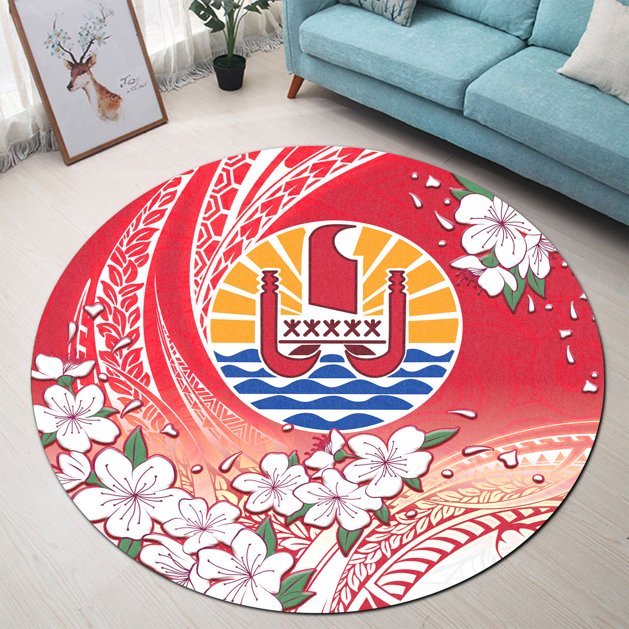 Tahiti Round Rug Polynesian Pattern Style White Flowers